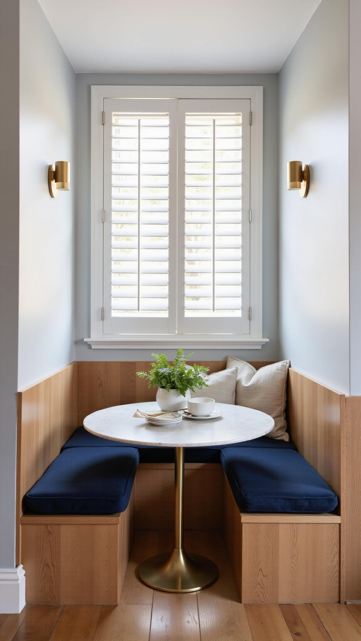Cozy breakfast nook with oak-paneled banquette, navy cushions, round marble table, and soft morning light through plantation shutters.