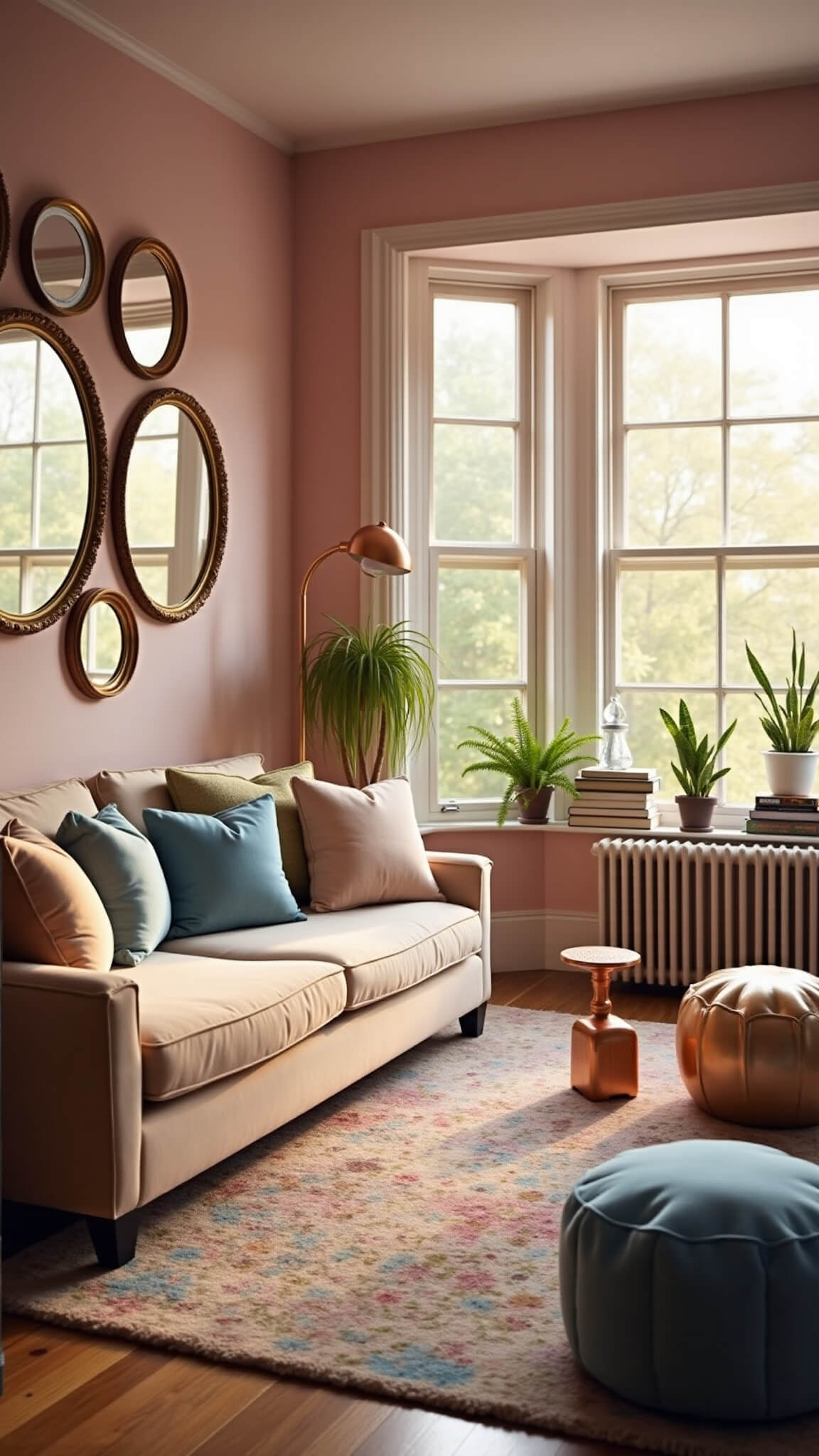 Whimsical sunlit living room with pink walls, vintage mirrors, velvet sofa, pastel pillows, layered rugs, copper lamp, crystal prisms, and eclectic decor.