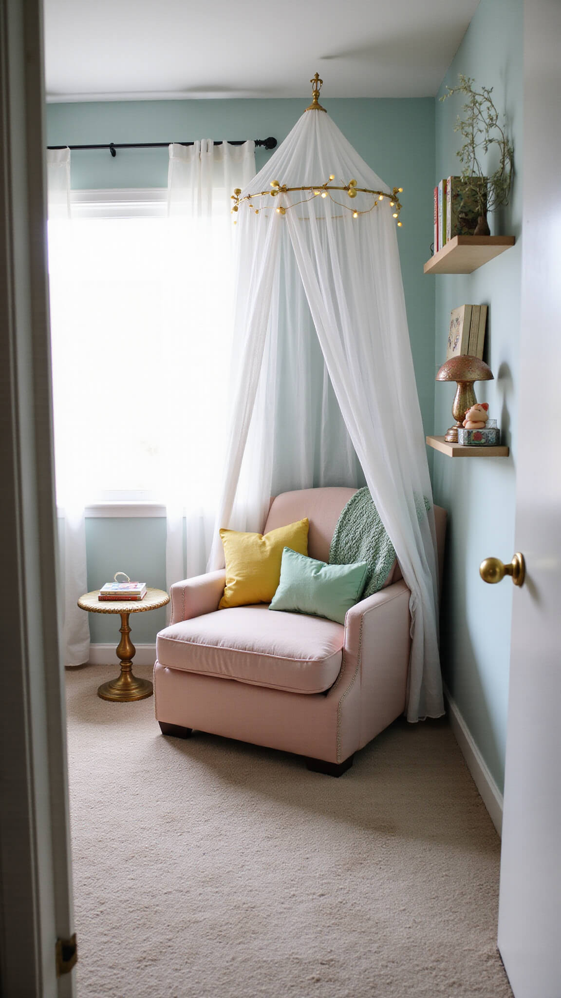 Cozy 12'x14' nursery with woodland mural, canopy reading nook, blush pink armchair, floating shelves, and natural light через sheer curtains.