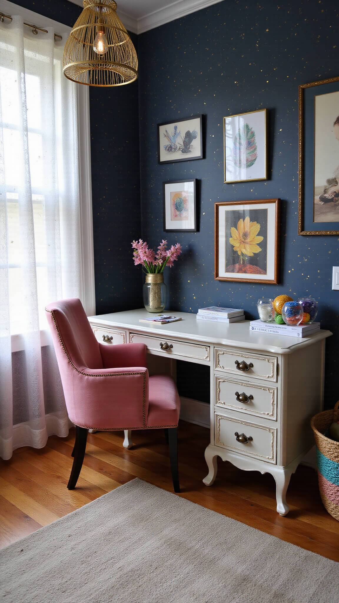 Whimsical 10'x12' home office with constellation wallpaper, iridescent antique desk, pink velvet chair, birdcage pendant light, and organized creative supplies, viewed from above.