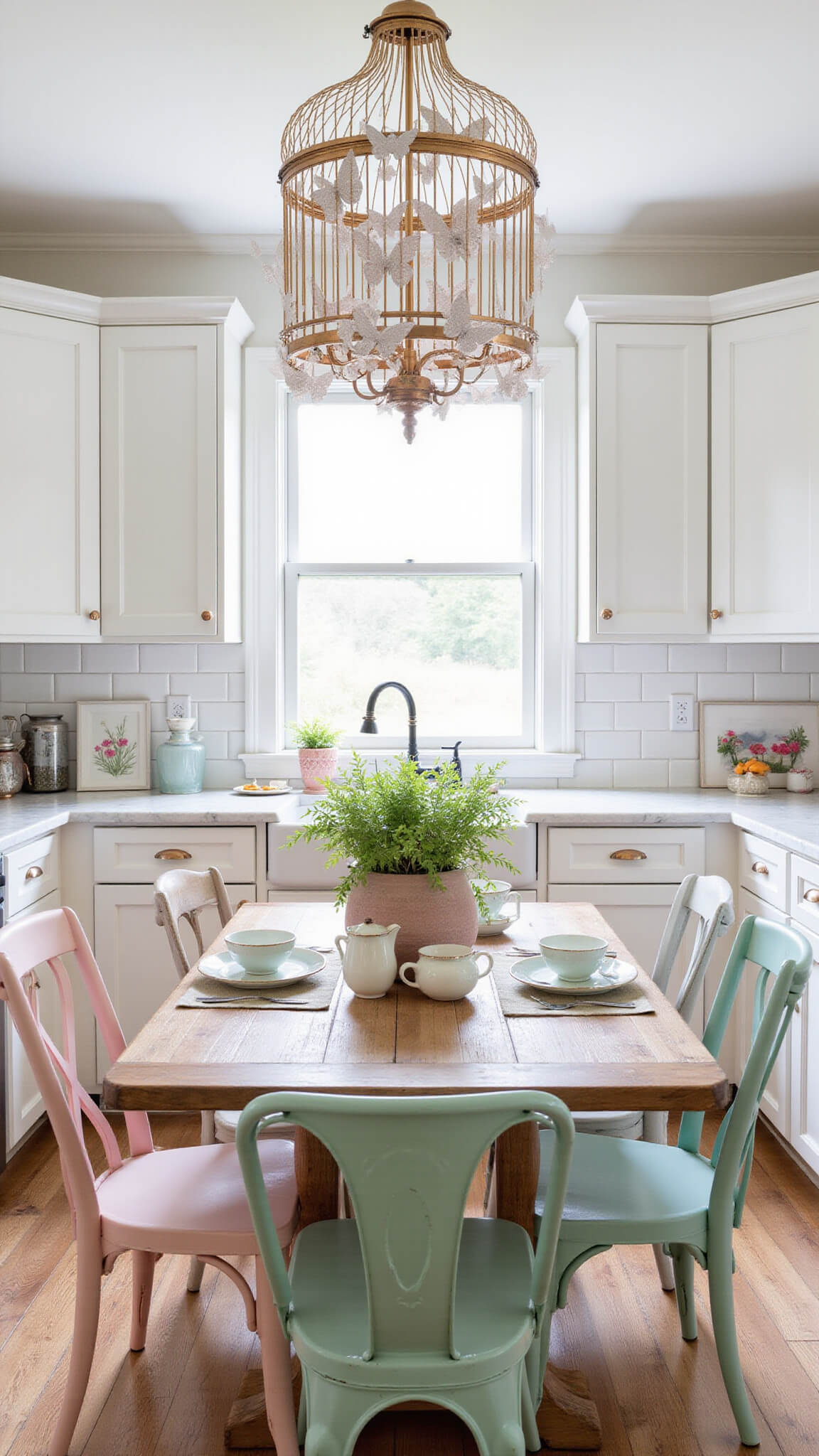 Open-concept kitchen and dining space with white cabinets, rose gold hardware, marble countertops, vintage birdcage chandelier filled with paper butterflies, pastel mismatched chairs around rustic table, window herb garden with fairy lights, and whimsical tea sets and botanical prints.