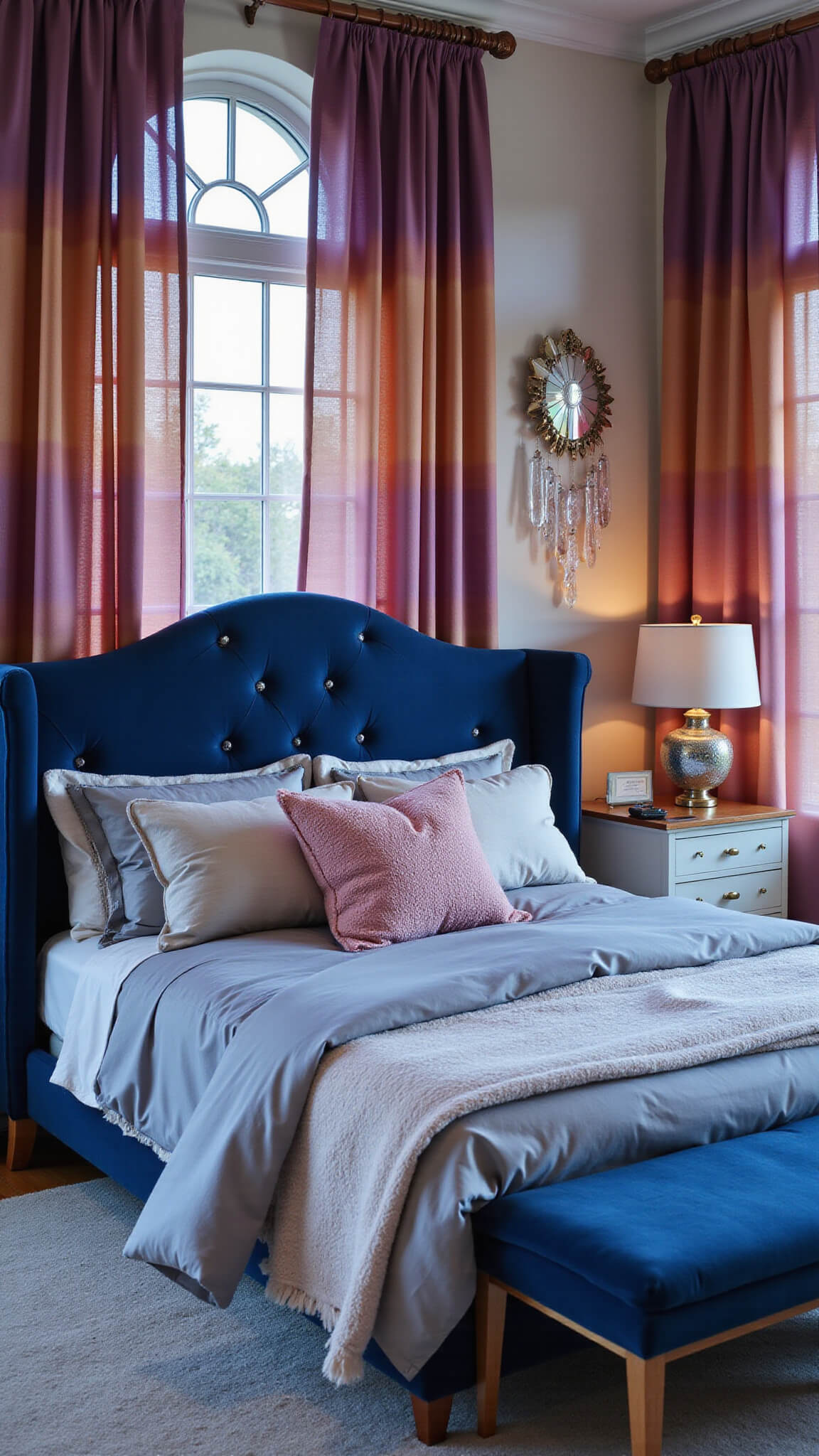 Luxurious 16'x18' master bedroom with sunset ombré curtains, midnight blue velvet headboard with LED stars, silver and blush bedding, unicorn pillows, and crystal wind chimes reflecting rainbow light during blue hour.
