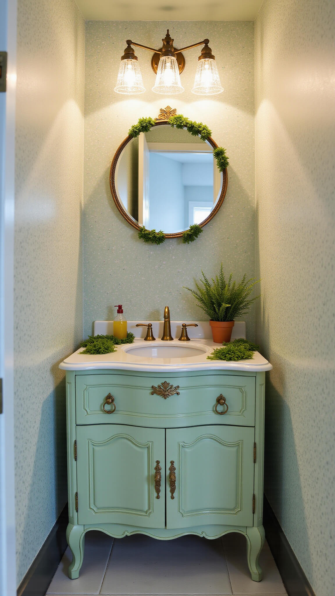 Enchanted 8'x10' powder room with holographic butterfly wallpaper, pearlescent mint vintage vanity, moss-framed mirror with LED firefly lights, and prismatic crystal pendant lighting.