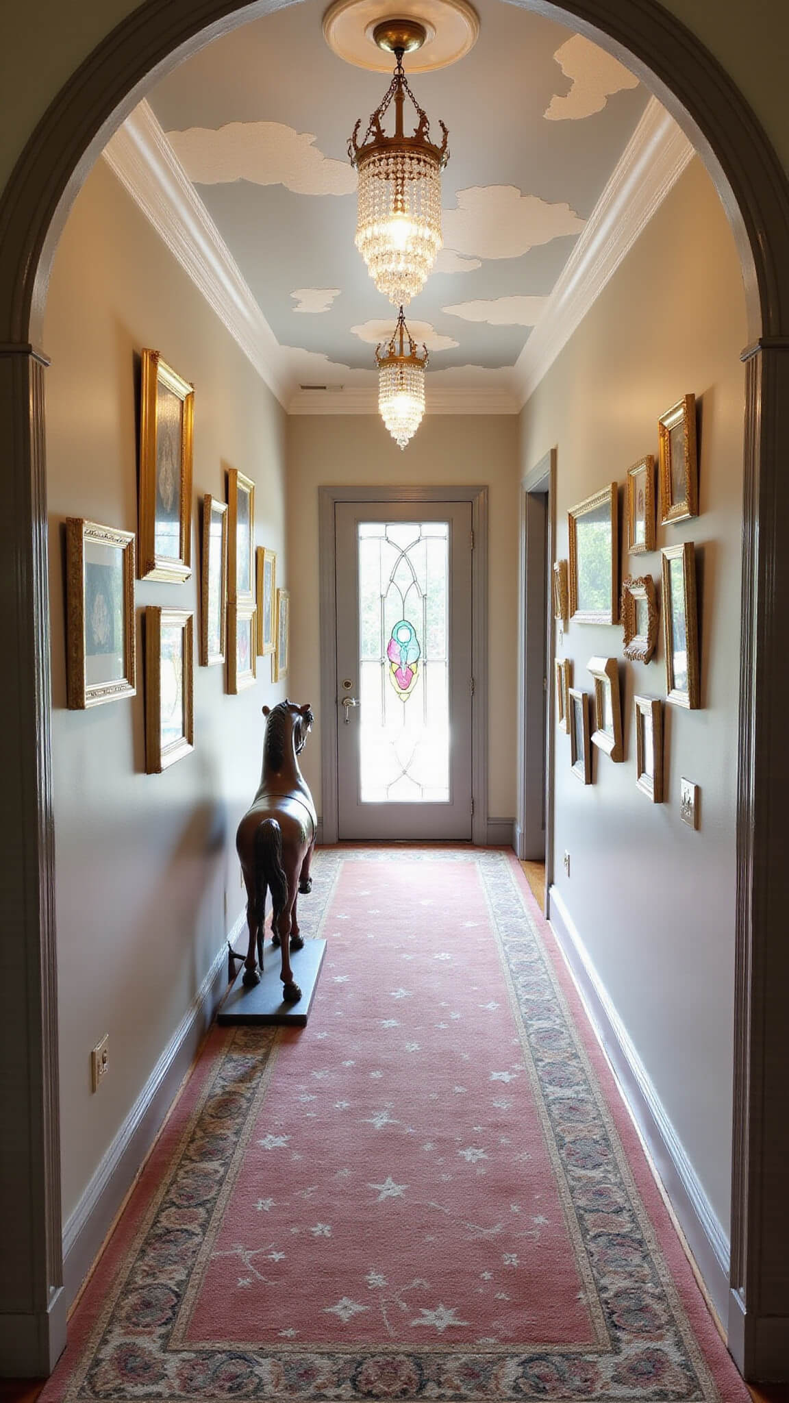 Whimsical 12'x24' hallway with arched cloud-painted ceiling, gold-framed art, swirling rose-silver runner, antique carousel horse, crystal sconces, and stained glass window at far end.