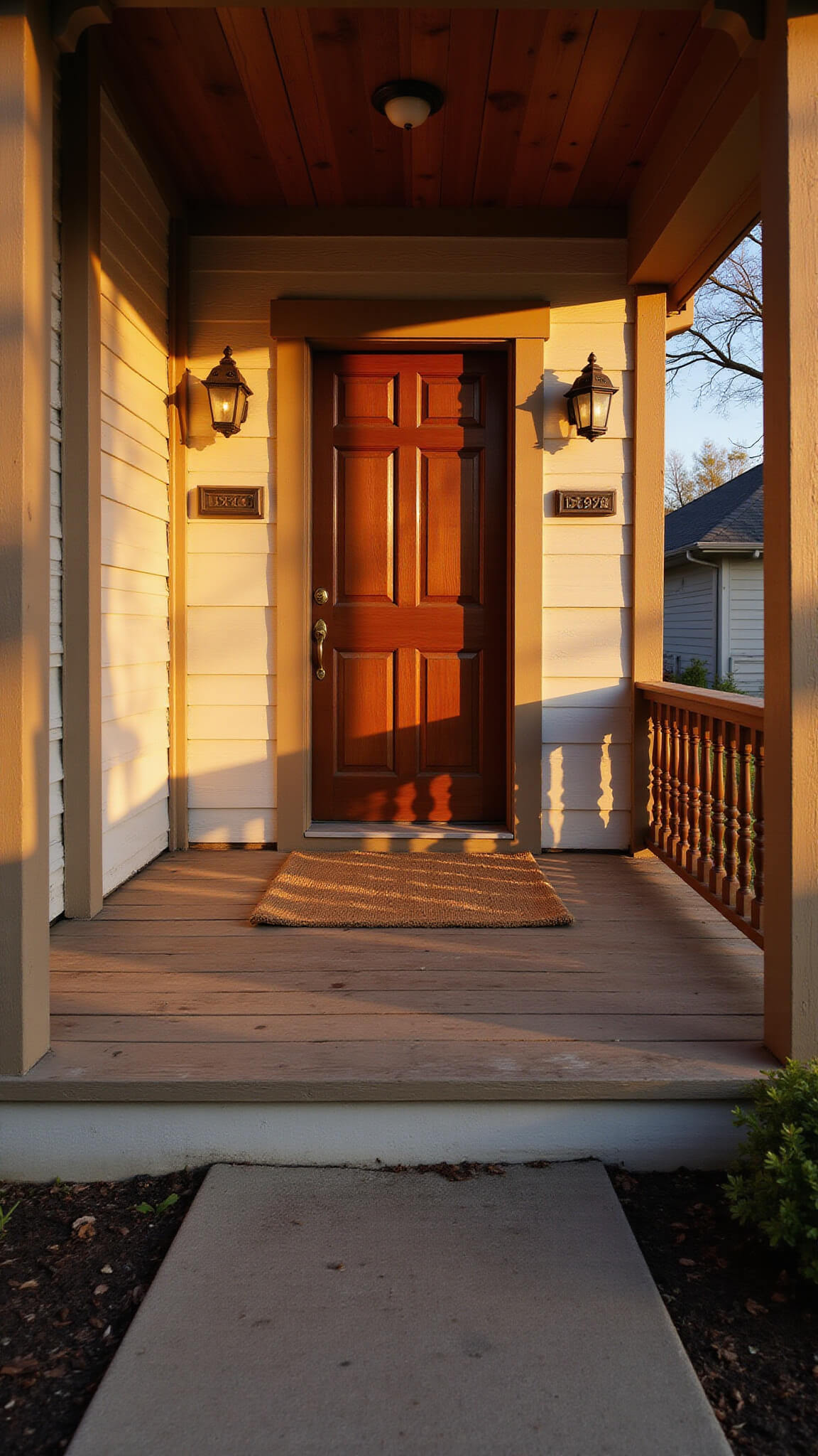 Wide-angle view of an empty 8x12ft craftsman-style front porch at dusk with natural wood columns, weathered floorboards, and golden hour shadows.