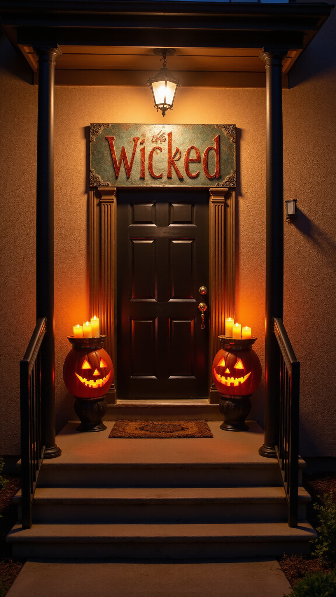 Nighttime porch scene with a large illuminated metal 'Wicked' sign flanked by two giant carved jack-o'-lanterns, glowing warmly in soft LED lighting with deep surrounding shadows.