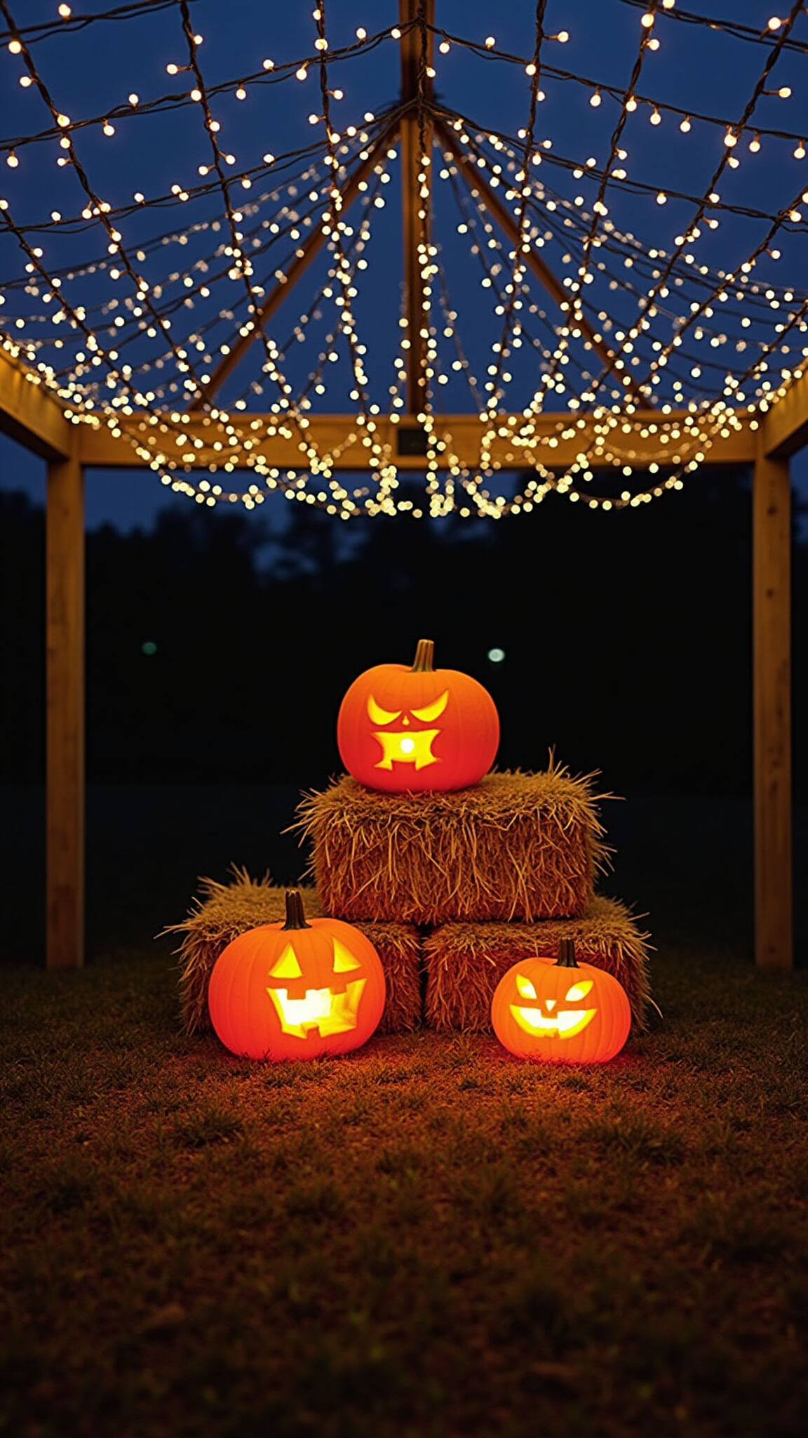 Blue hour lighting setup with warm string lights forming a canopy, copper spotlights uplighting hay bales and architectural features, and glowing carved pumpkins casting detailed shadows.