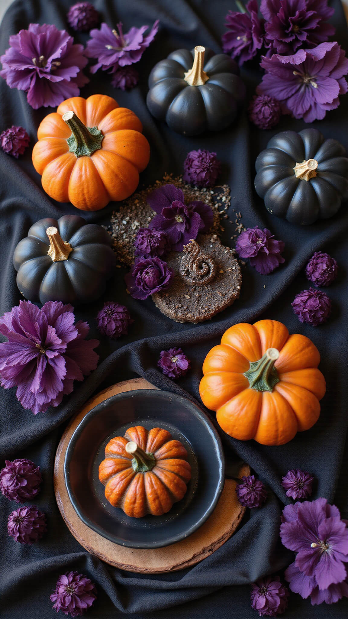 Matte black vintage Halloween decor with burnished orange pumpkins, deep purple velvet ribbons, gothic floral accents, and metallic copper highlights in golden hour lighting.