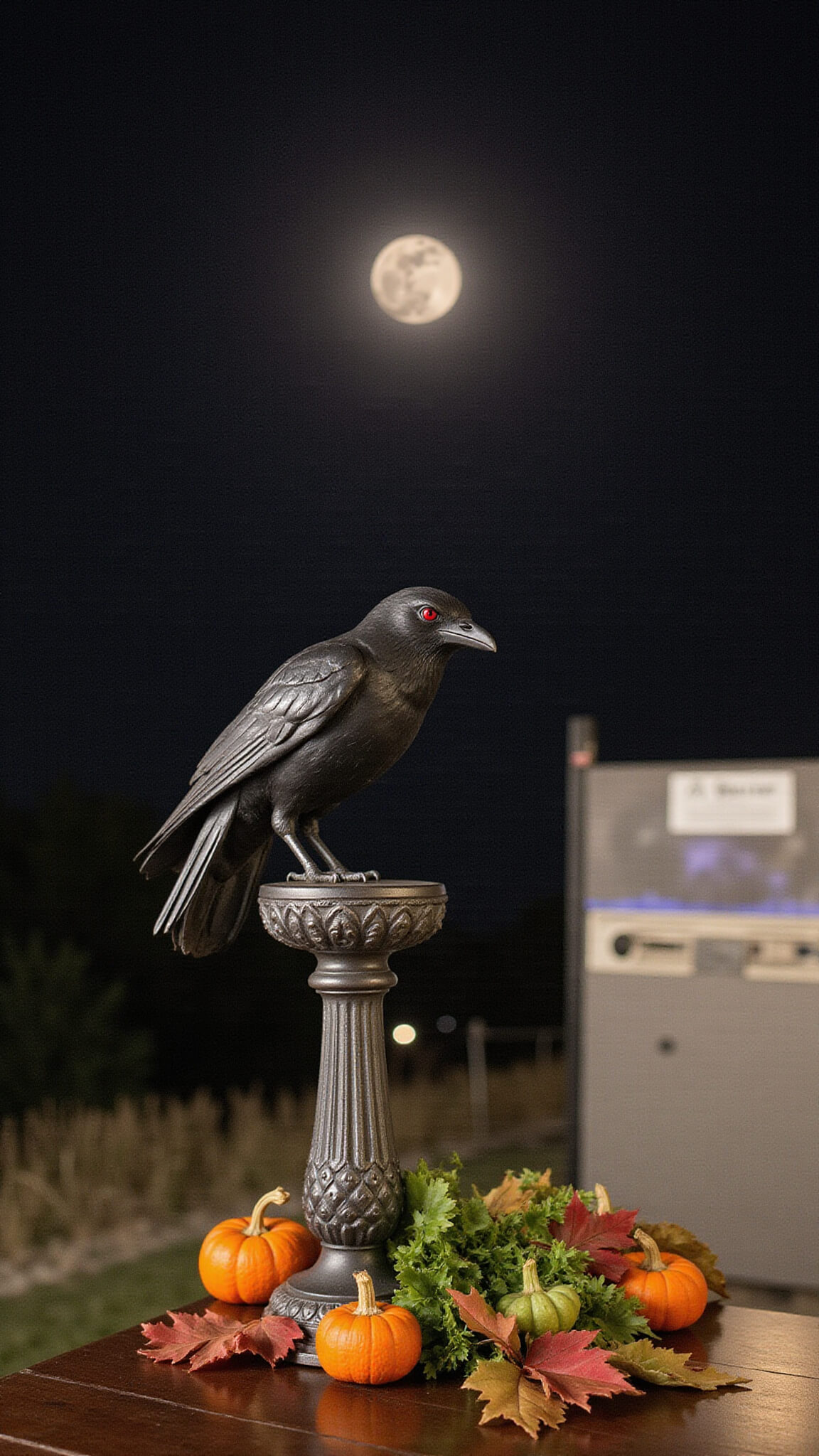 Motion-activated raven on vintage pedestal at night with glowing red eyes and moonlit feathers, surrounded by autumn decor and hidden spooky speakers.