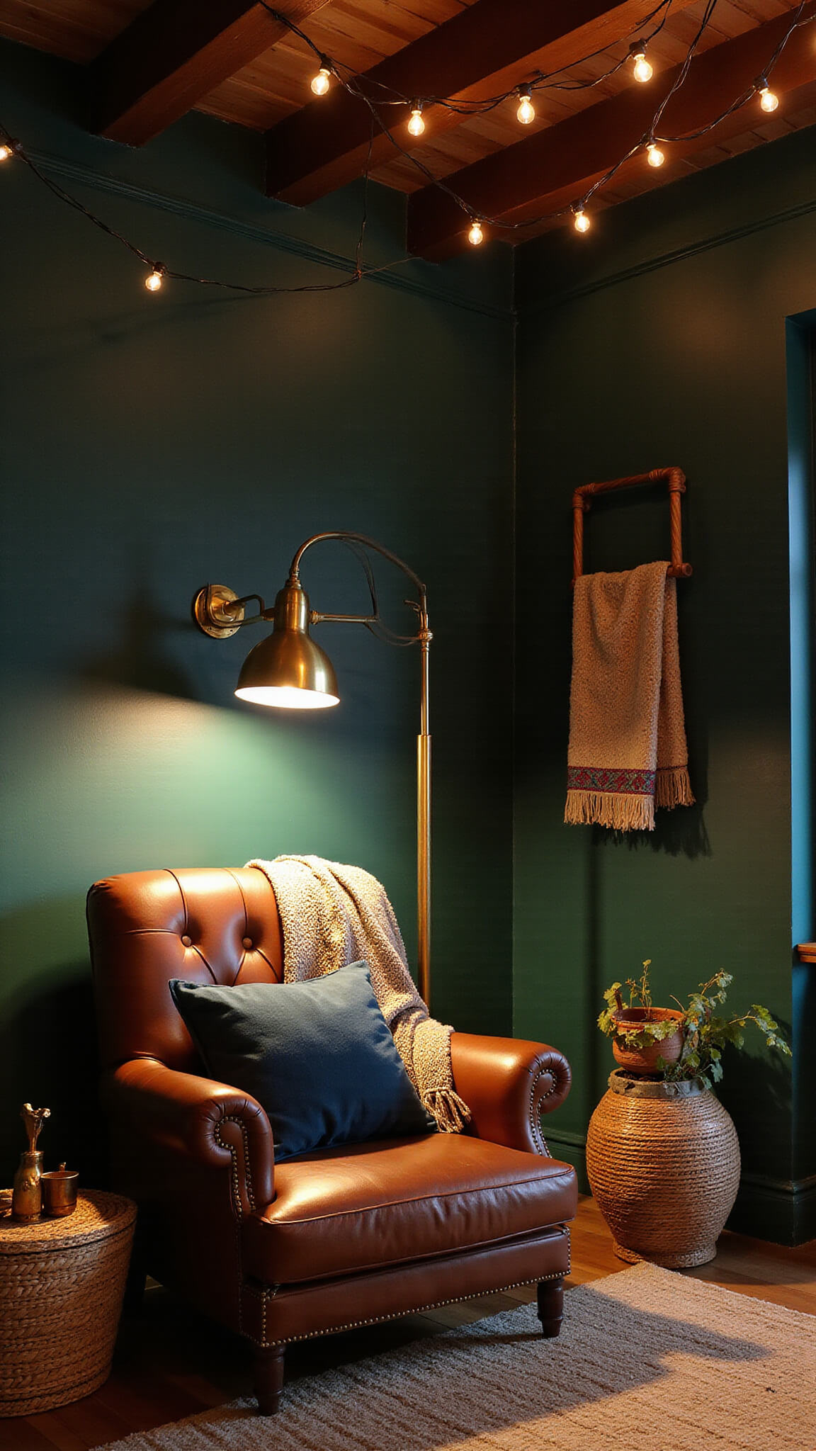 Cozy reading nook with forest green walls, vintage leather armchair, brass floor lamp, and starry string lights on ceiling beams; rich textiles, brass accents, and natural textures create a warm twilight ambiance.