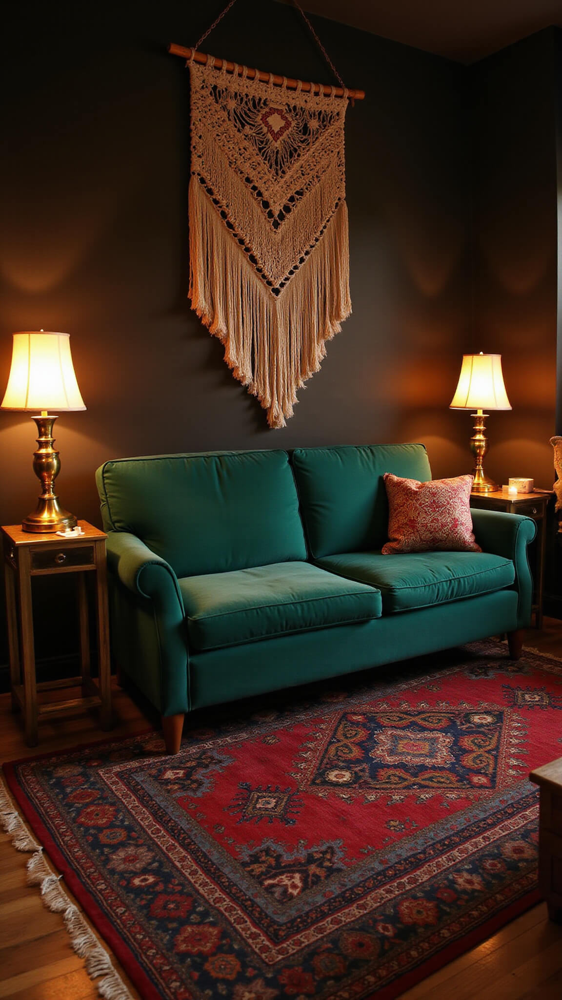 Cozy sitting room with emerald velvet sofa, amber glow from salt lamps and candles, layered Moroccan rugs, and macramé wall hanging.