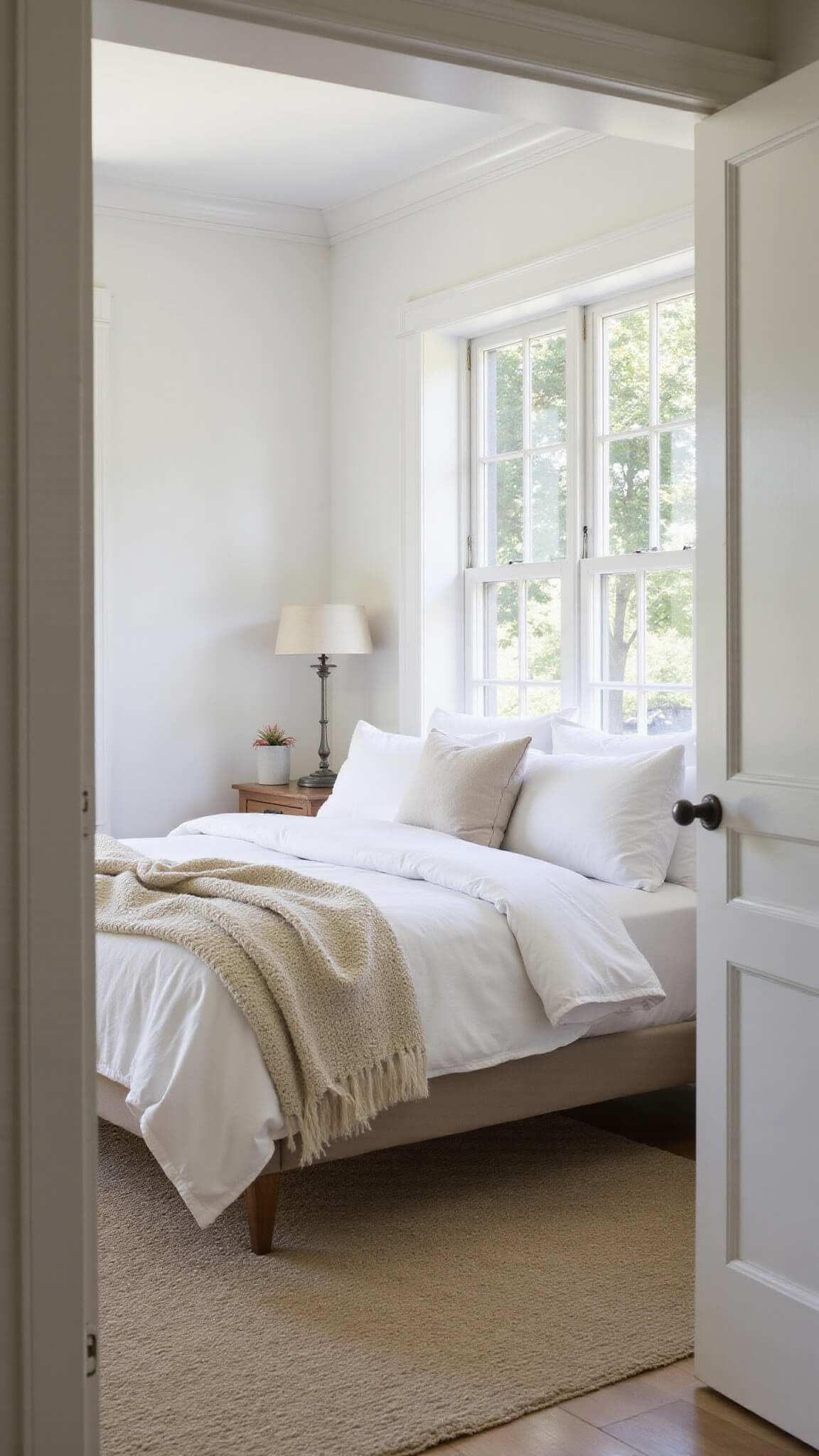Serene master bedroom with king bed, white linens, natural oak nightstands, and morning light through floor-to-ceiling windows.