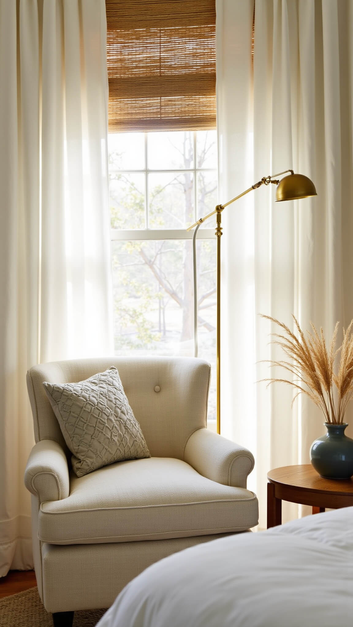 Cozy white bedroom corner with a bouclé armchair, brass floor lamp, sheer curtains, and warm golden hour lighting casting soft shadows.