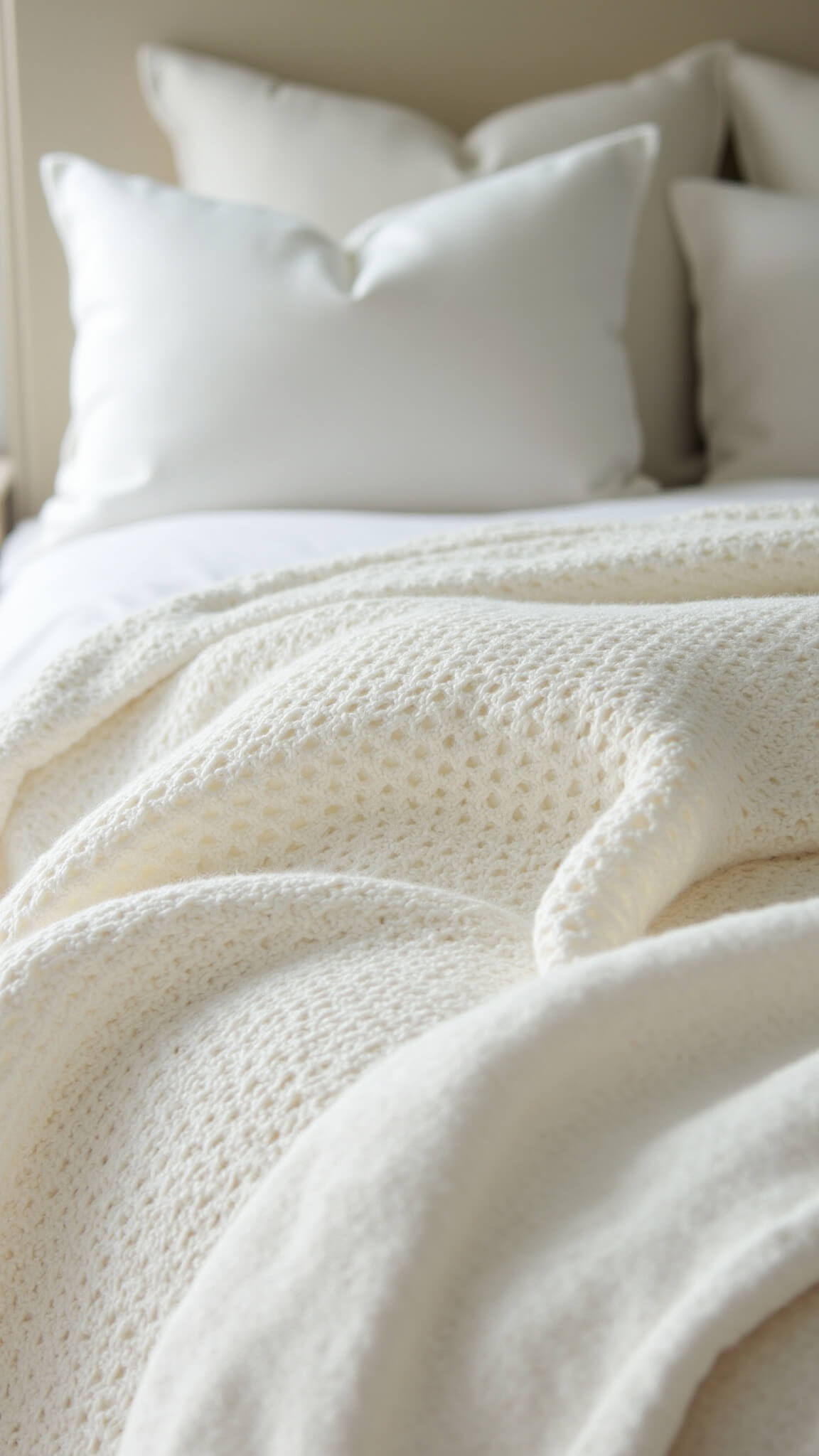 Close-up of layered white bedding with varied textures against an Alabaster wall, lit by natural side light.