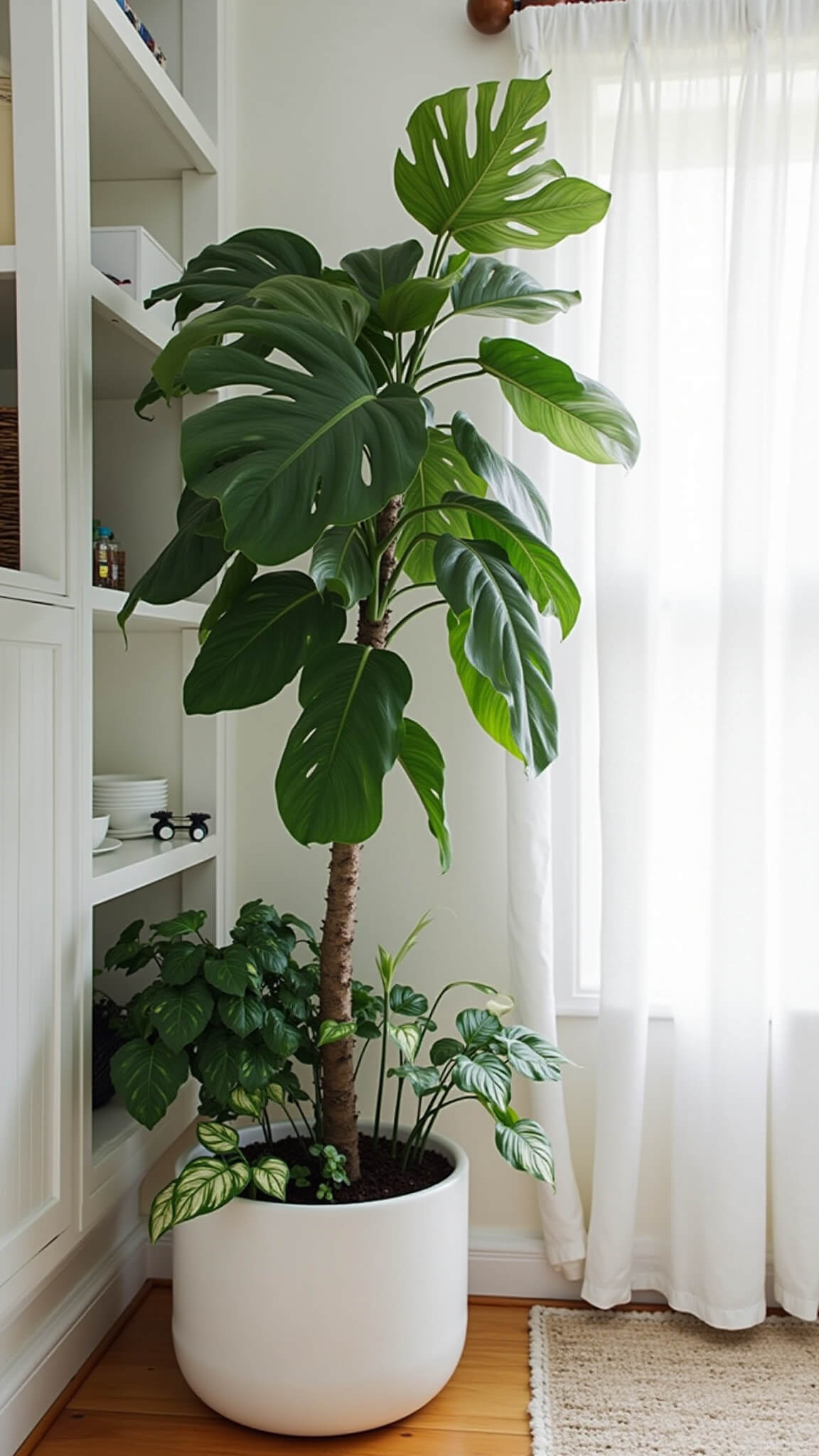 Bright plant-filled bedroom corner with fiddle leaf fig, pothos, and peace lilies against white built-in shelves and soft natural light.