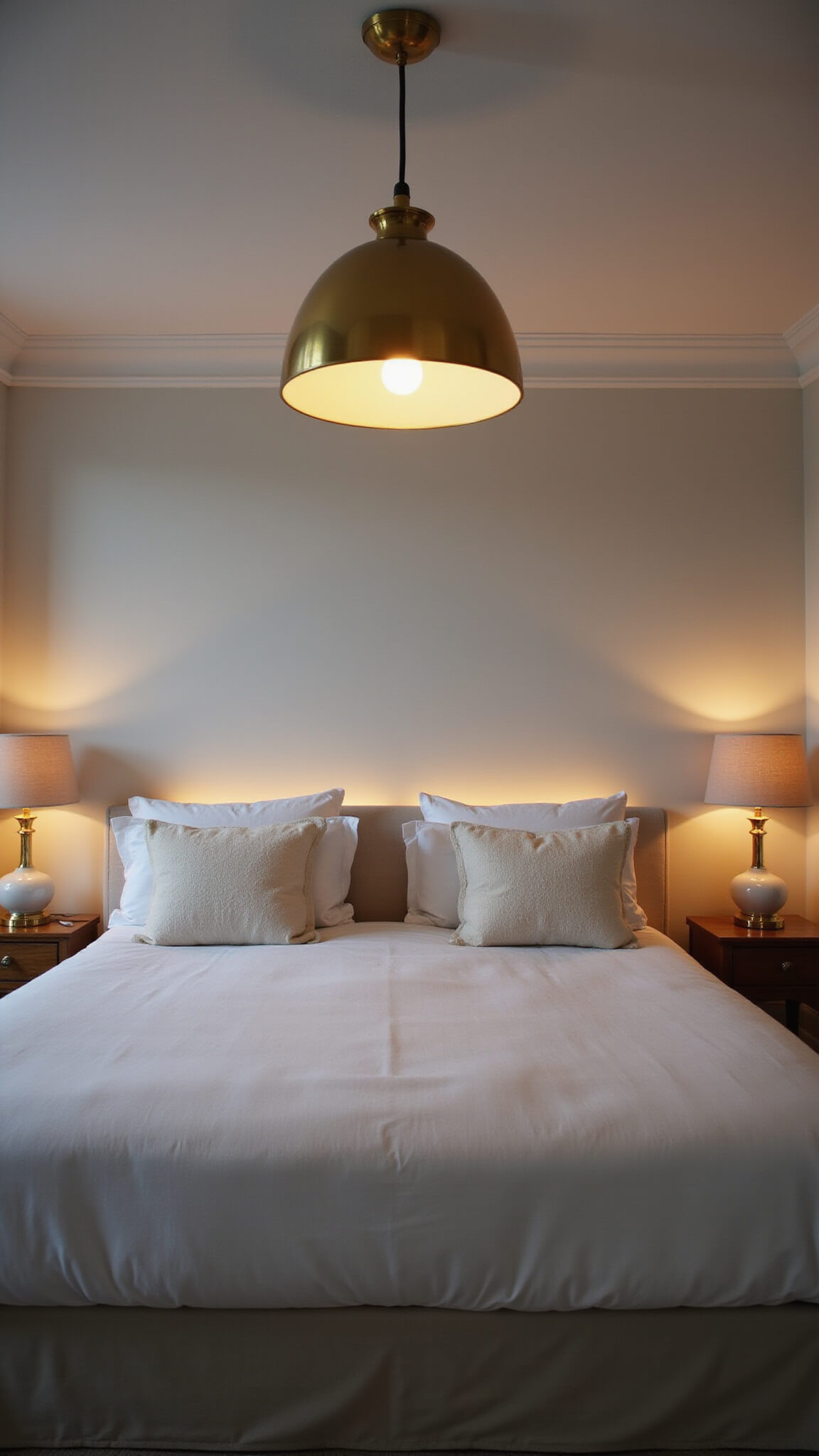 White bedroom at dusk with layered lighting from brass pendant, ceramic lamps, and LED strips, casting warm tones on textured All White walls.
