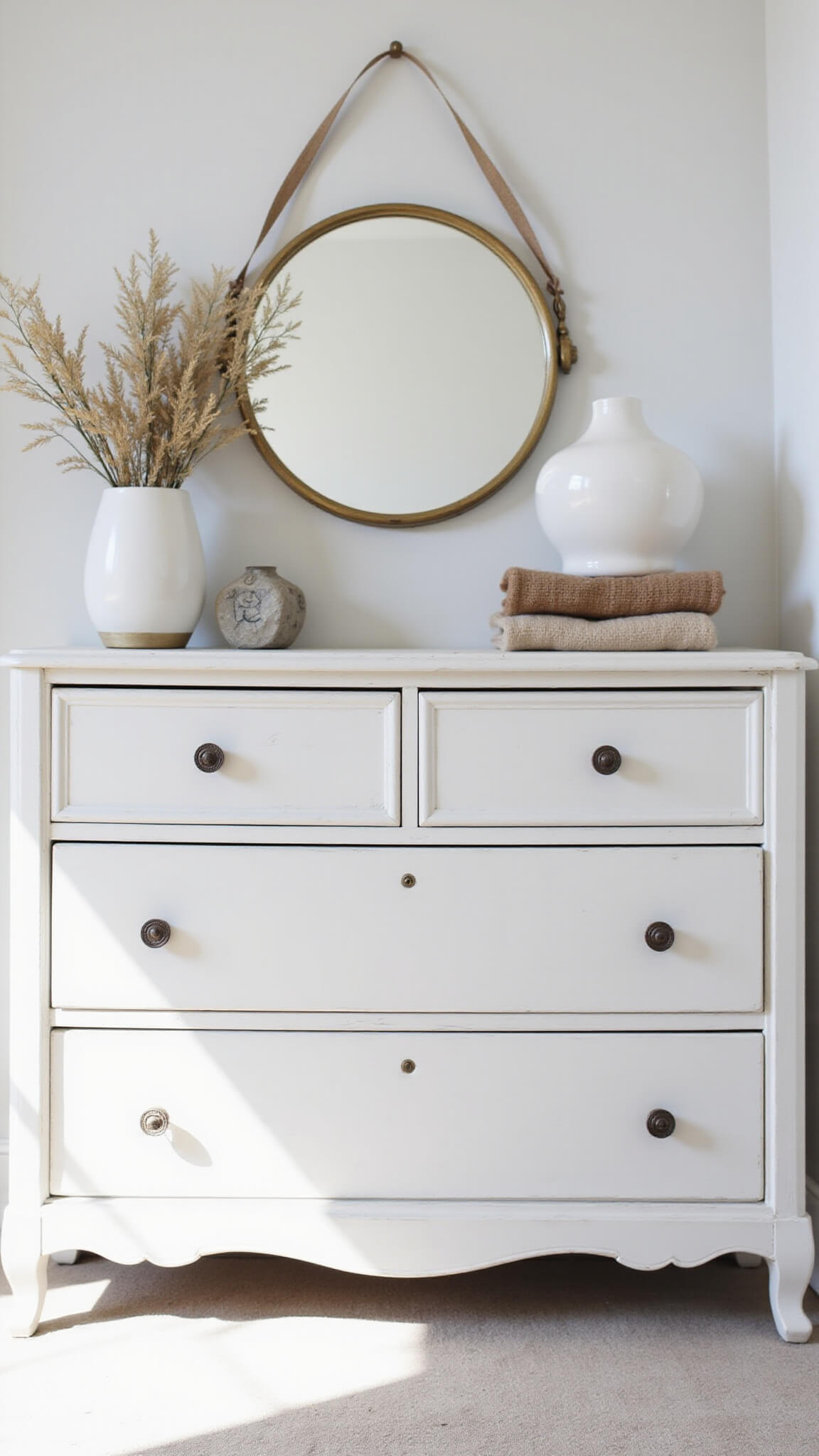 Minimalist white bedroom with vintage chalk-white dresser, round brass mirror, ceramic vessels, dried botanicals, and linen textiles in soft natural light.