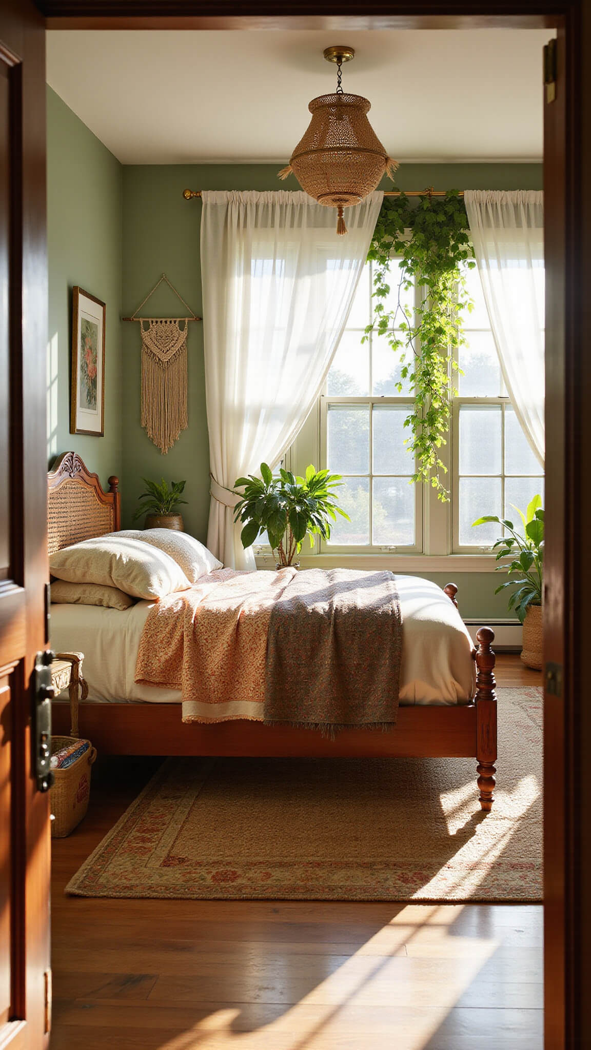 Sunlit 14x16ft bedroom with sage green walls, queen bed with rattan headboard, vintage rugs, cascading plants, and brass accents during golden hour.