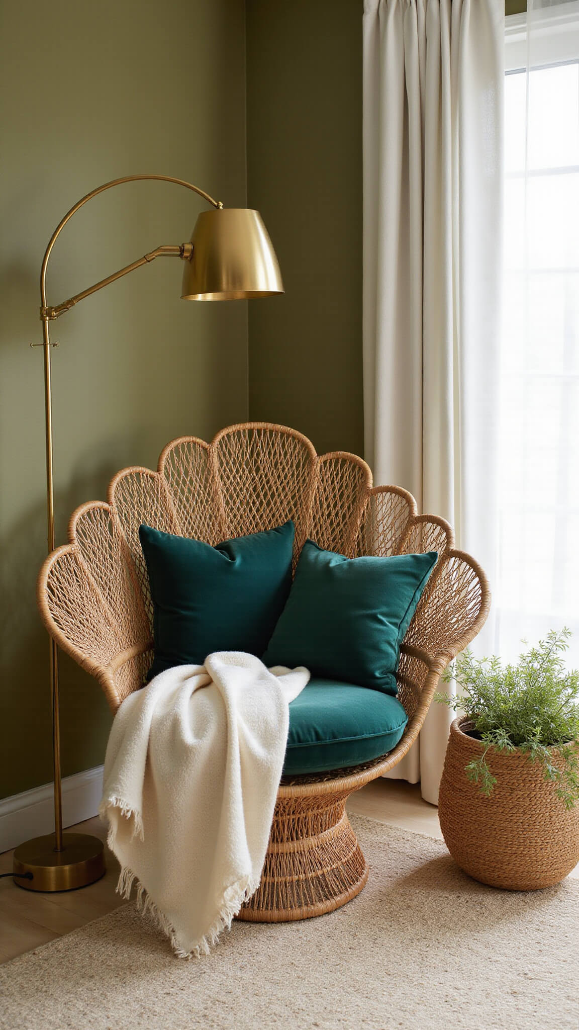 Eye-level view of cozy corner reading nook with rattan peacock chair, emerald cushions, cream throw, trailing plant in woven basket, and brass floor lamp under soft morning light.
