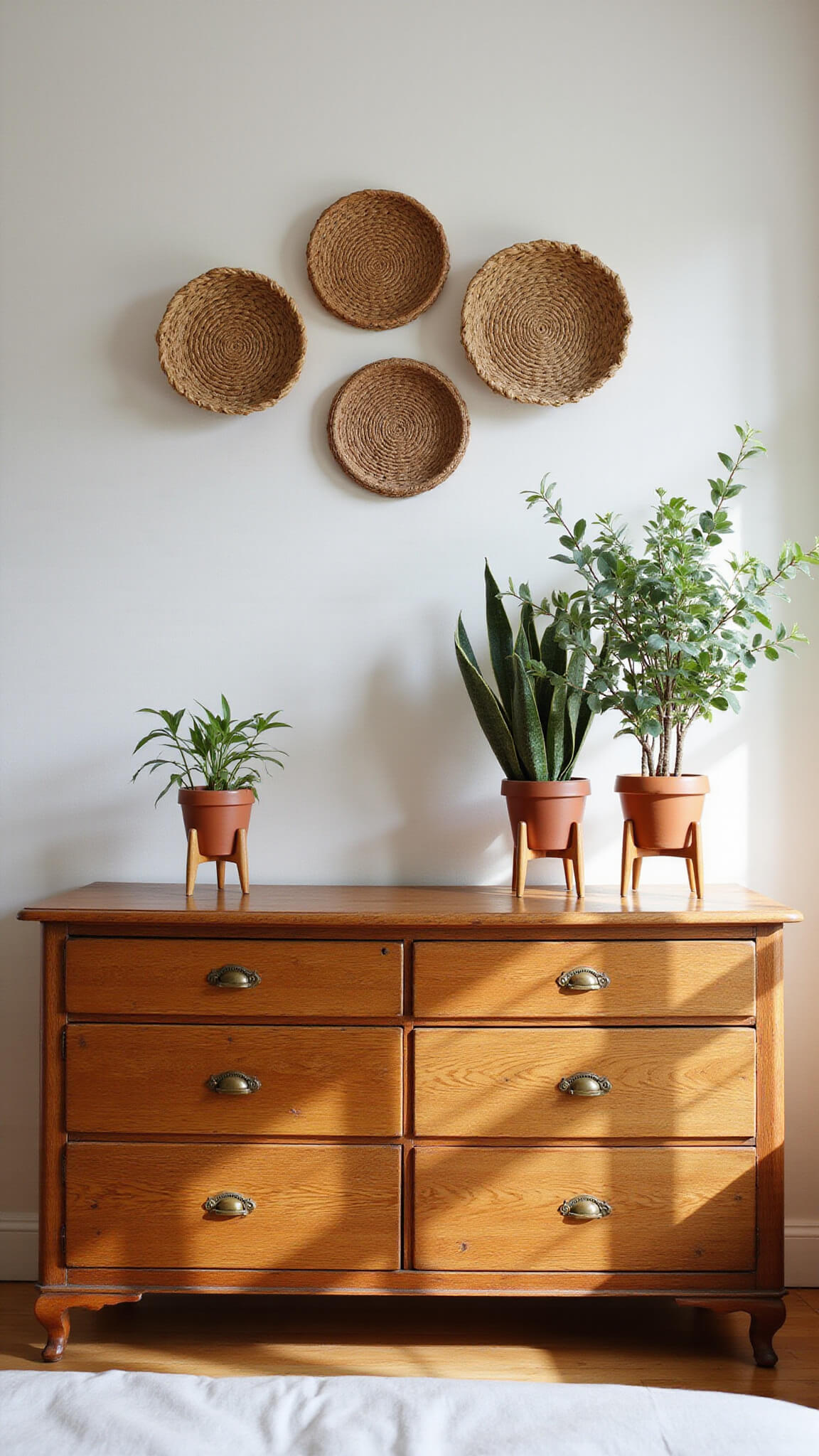 Low-angle view of vintage oak dresser with brass hardware, surrounded by terracotta potted plants on stands and woven wall baskets, bathed in early morning light.