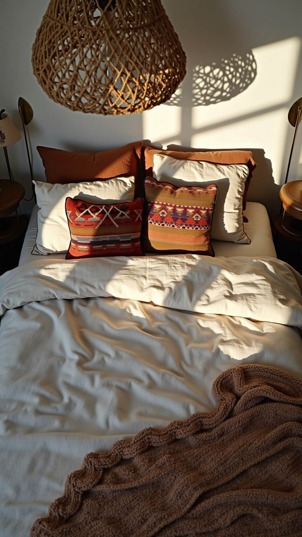 Overhead view of cozy bed with earth-toned linen bedding, kilim pillows, chunky knit throw, and macramé pendant lamp casting shadows in warm evening light.