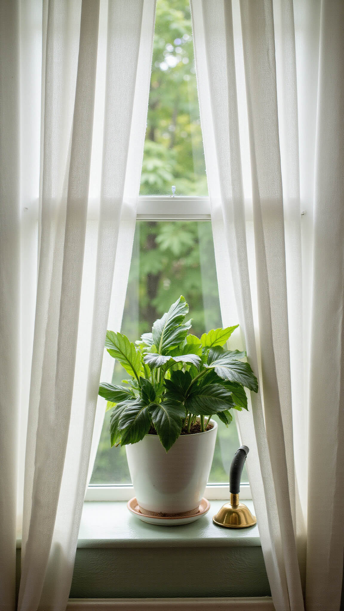Close-up of a sunlit window with sheer curtains billowing around a monstera plant in a ceramic pot, vintage brass mister, and crystals casting rainbows on a sage green sill.