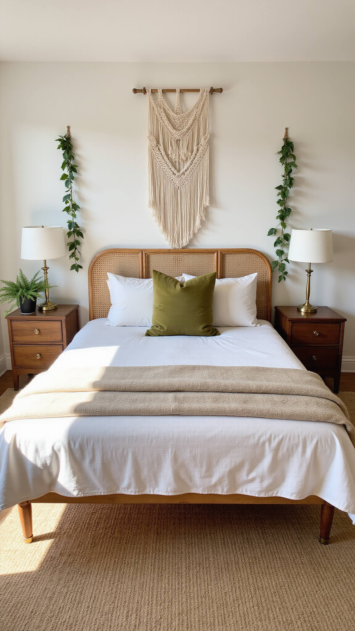 Boho-style bedroom with rattan bed, macramé wall hanging, vintage nightstands, and olive accents in warm afternoon light.