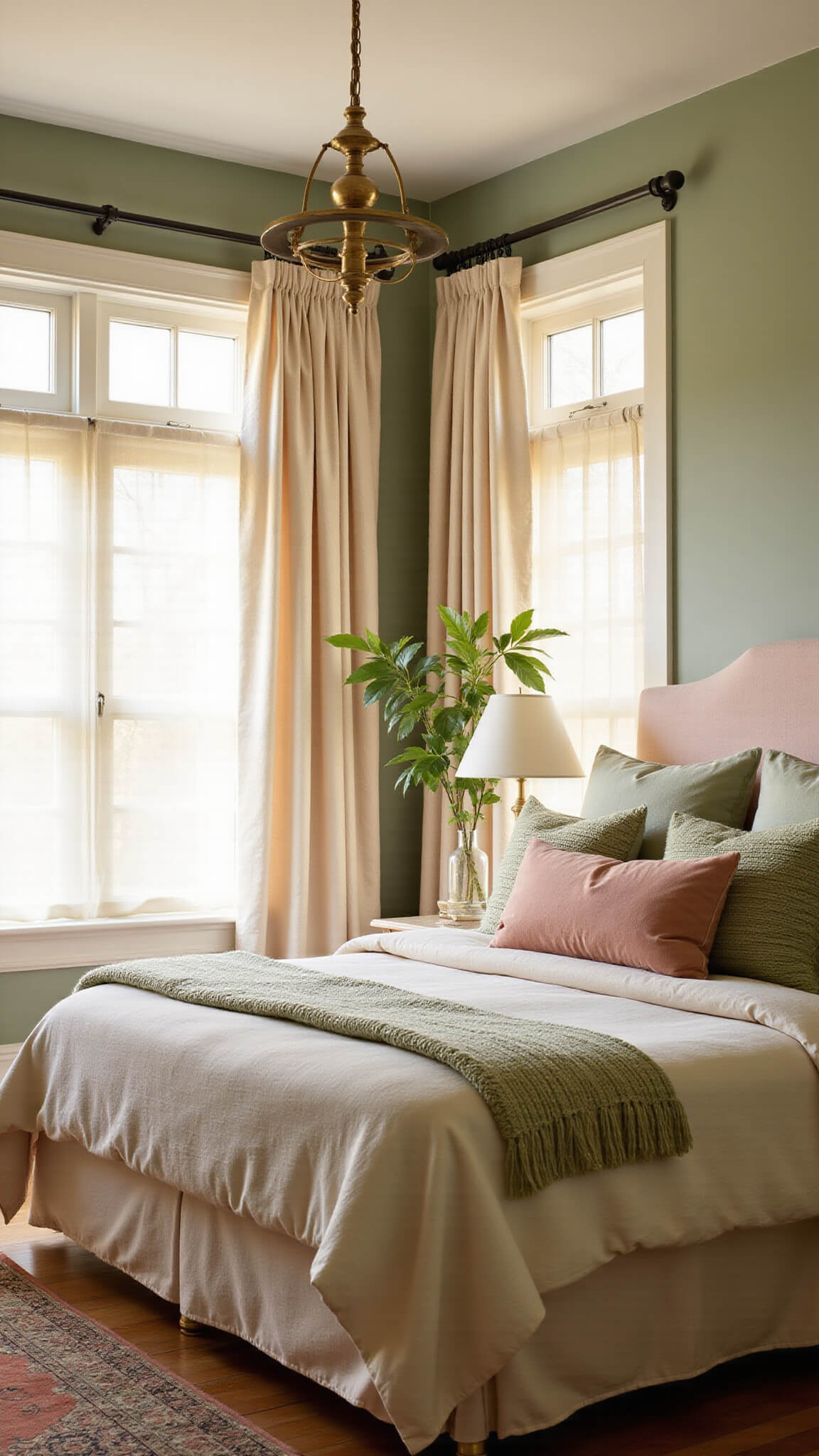 Master bedroom with blush pink velvet headboard, ivory and sage bedding, Studio Green walls, brass pendant light, and vintage rug, sunlit during golden hour.