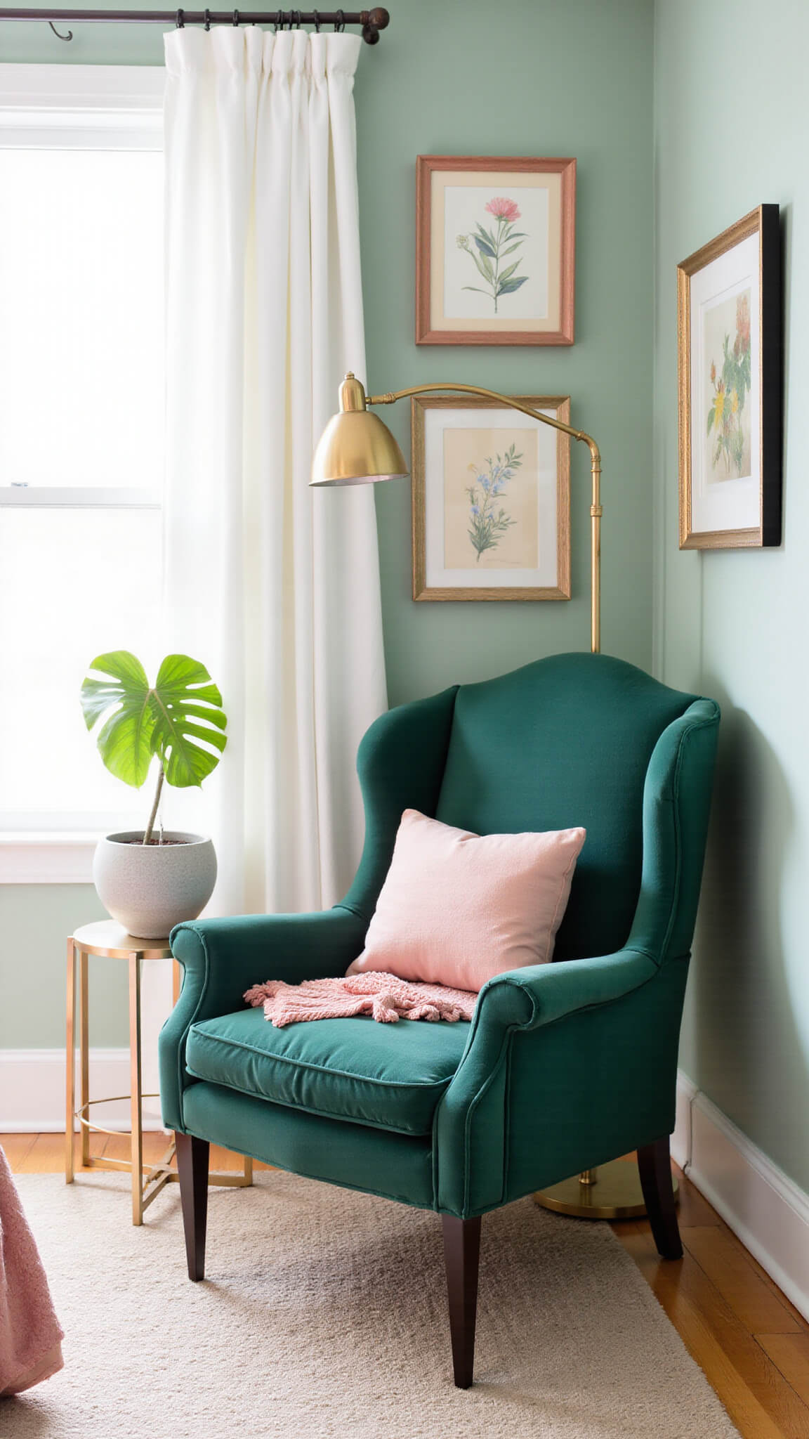 Emerald green velvet reading chair with blush pink throw, beside brass lamp and vintage side table, in sage green bedroom with botanical gallery wall and morning light through sheer curtains.