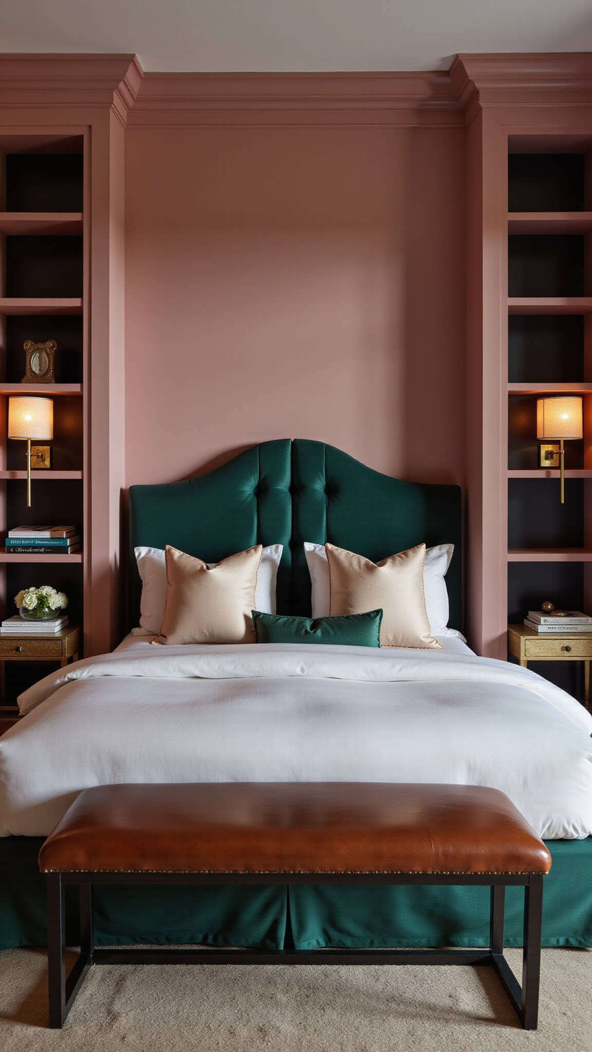 Dramatic evening bedroom with Soft Pink statement wall, tall forest green tufted headboard, built-in bookshelves, symmetrical brass and marble nightstands, moody lighting, and textured decor elements.