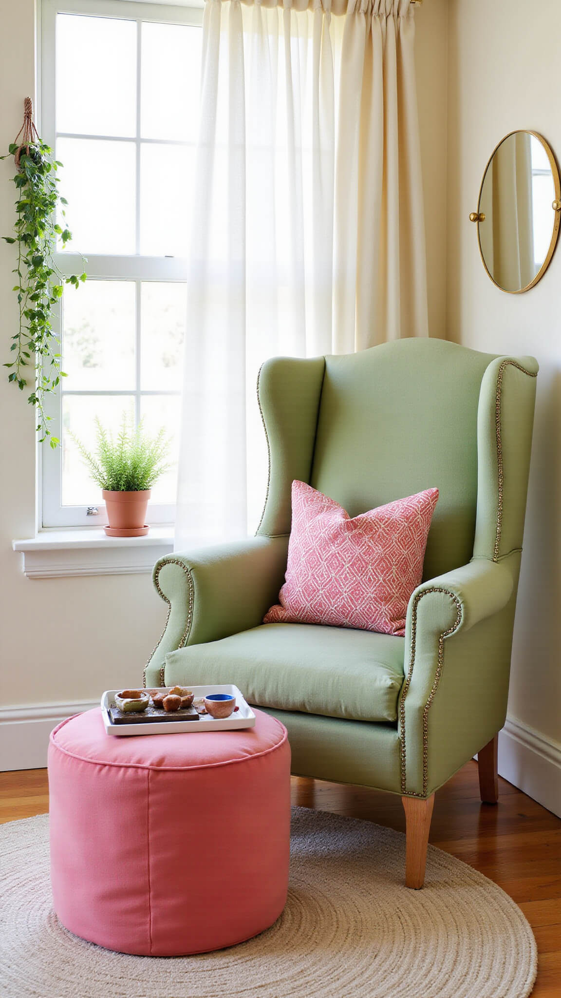 Bright afternoon shot of a sage green wingback chair with a flamingo pink ottoman by a window, cream walls, filtered light through gauzy curtains, brass mirror, trailing plants, and pink and green geometric cushions.