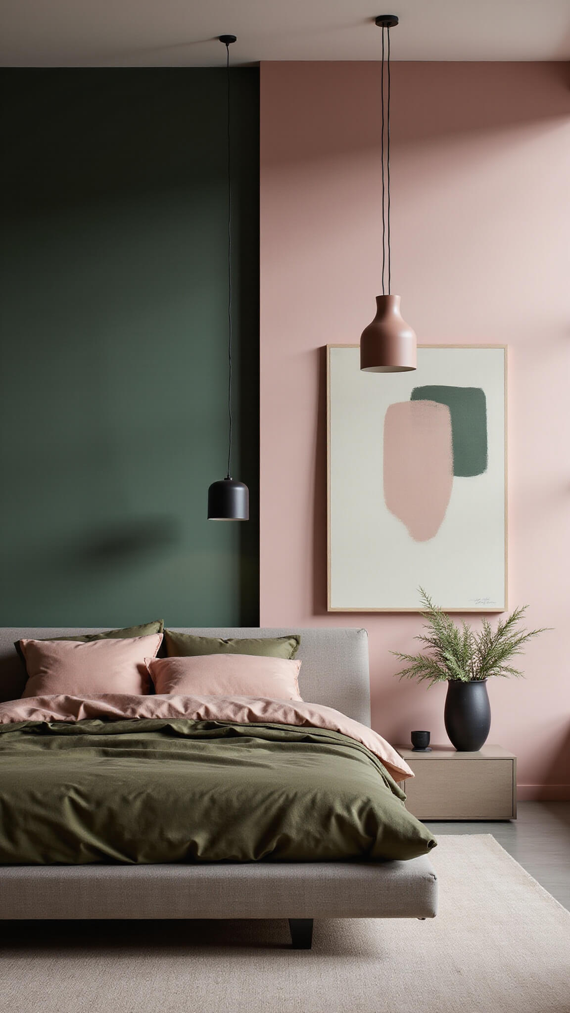 Modern minimalist bedroom at twilight with forest green and blush pink half-wall, olive linen platform bed, dusty rose accents, pendant lights, abstract art, ceramic vessels, and sculptural plants.