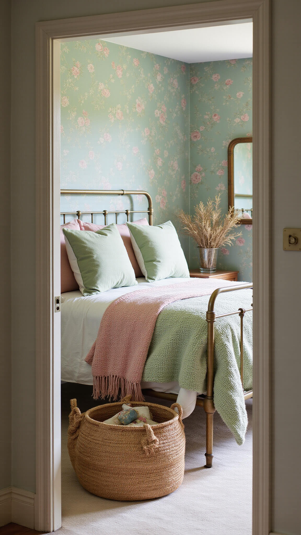 Cozy bedroom nook with vintage brass bed, sage green floral wallpaper, layered pink and green bedding, and morning light illuminating antique decor.