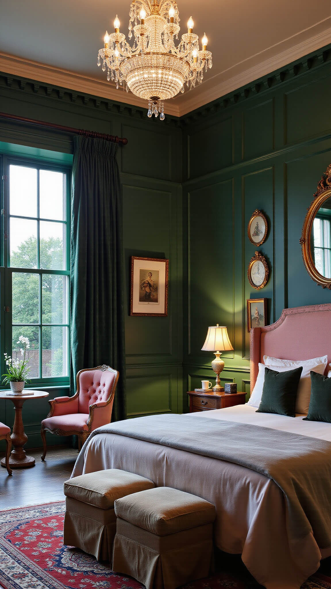 Luxurious master bedroom with emerald green paneled walls, pink silk upholstered king bed, crystal chandelier, antique Persian rug, and garden views framed by heavy curtains at dusk.
