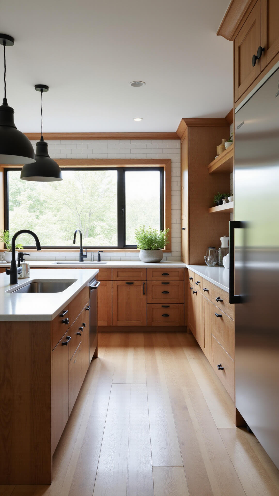 Modern golden oak kitchen with white quartz countertops, subway tile backsplash, black pendant lights, and large windows letting in morning sunlight.
