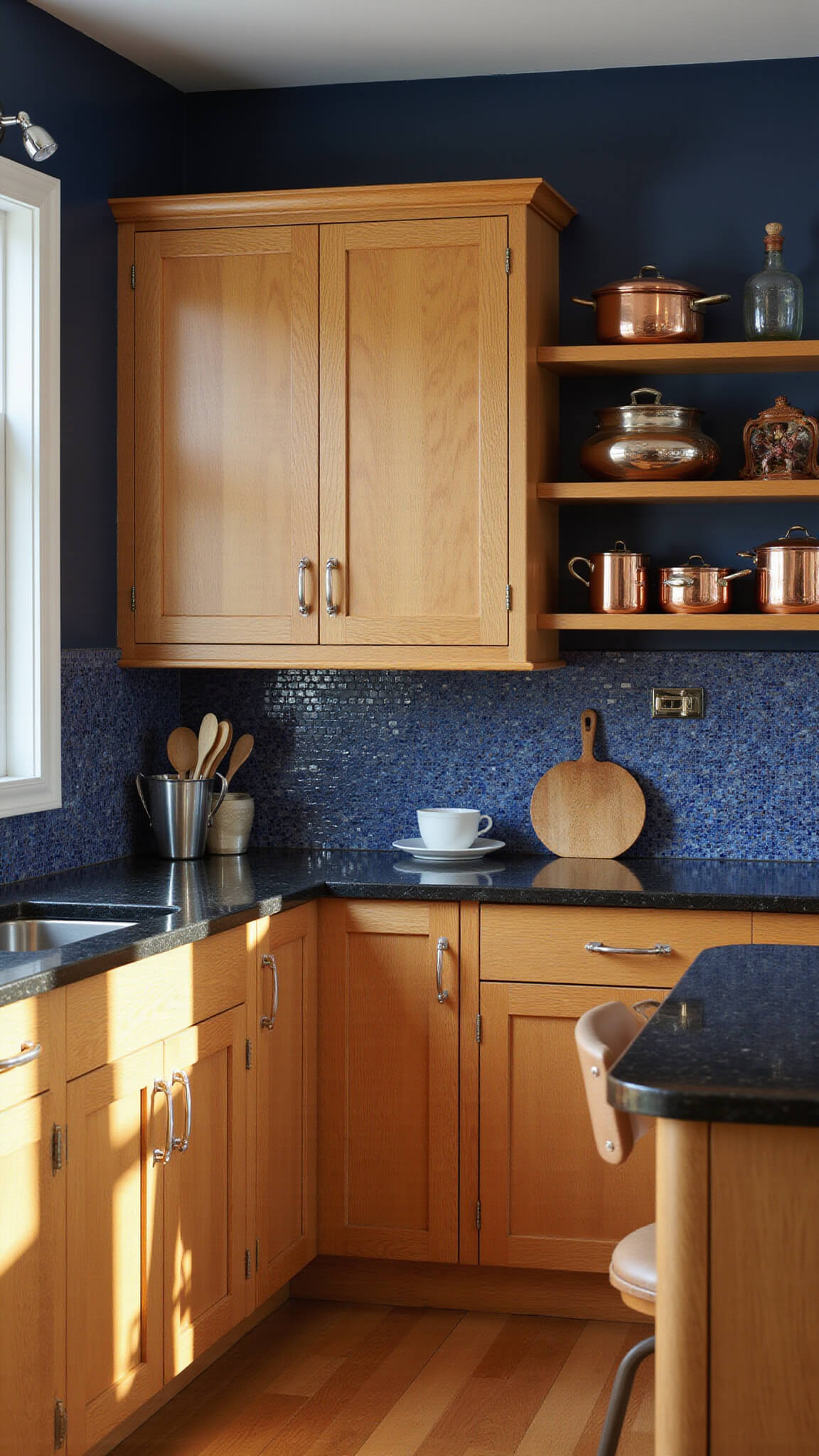 Corner view of L-shaped kitchen with navy walls, oak cabinets, black granite counters, and copper cookware in dramatic afternoon lighting.