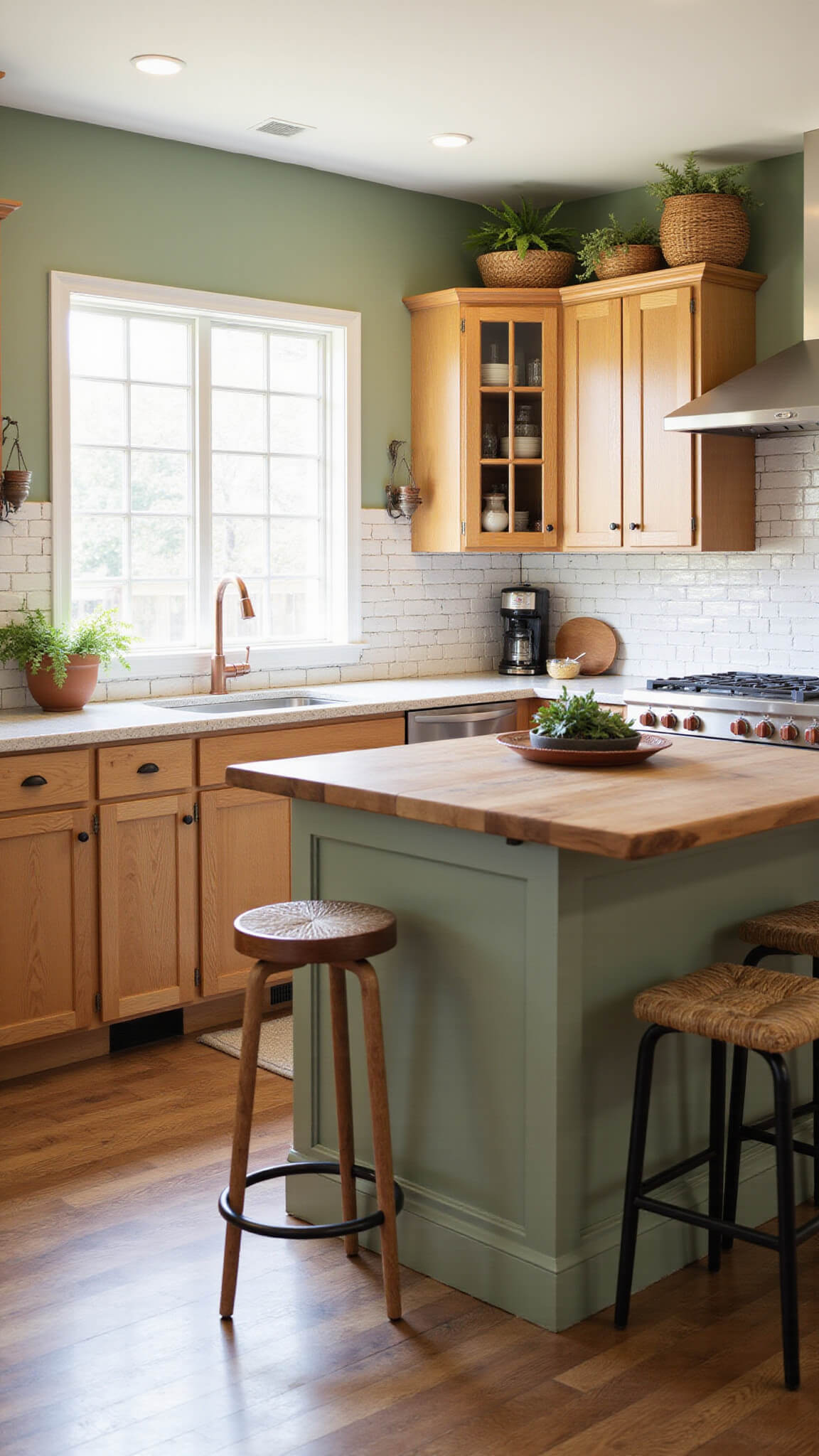 Eye-level view of a 12x18ft kitchen at golden hour with sage green walls, golden oak cabinets, copper hardware, butcher block island, modern barstools, white subway tile backsplash with charcoal grout, and organic-modern styling including woven baskets, succulents, and vintage ceramics.