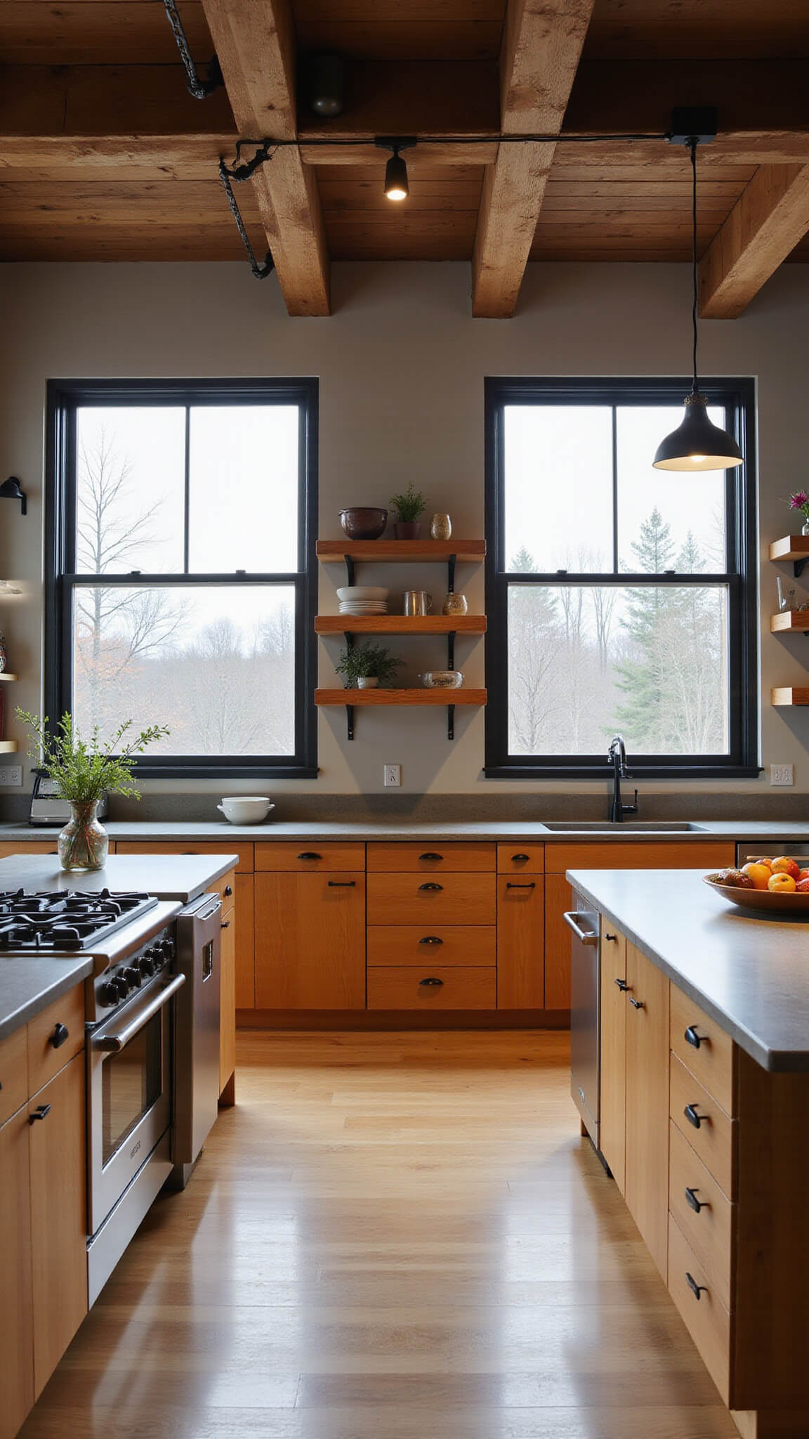 High-angle view of an industrial oak and concrete kitchen with golden oak cabinets, concrete countertops, matte black fixtures, stainless steel appliances, and large factory-style windows.