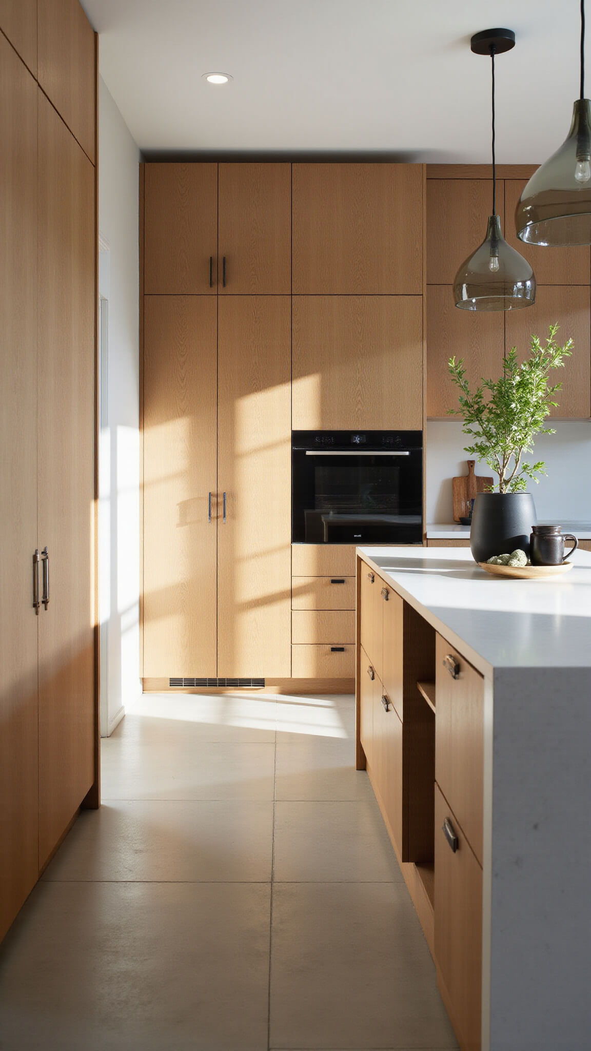 Minimalist galley kitchen with golden oak cabinetry, white quartz waterfall island, and smoke grey glass pendant lights in soft morning light.