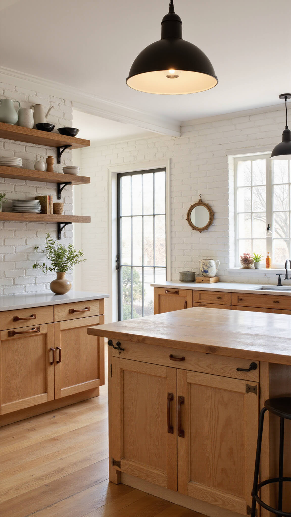Rustic modern oak kitchen with golden oak cabinets, white brick walls, black metal lighting, open shelving displaying handmade ceramics, and natural fiber accents in warm golden hour lighting.