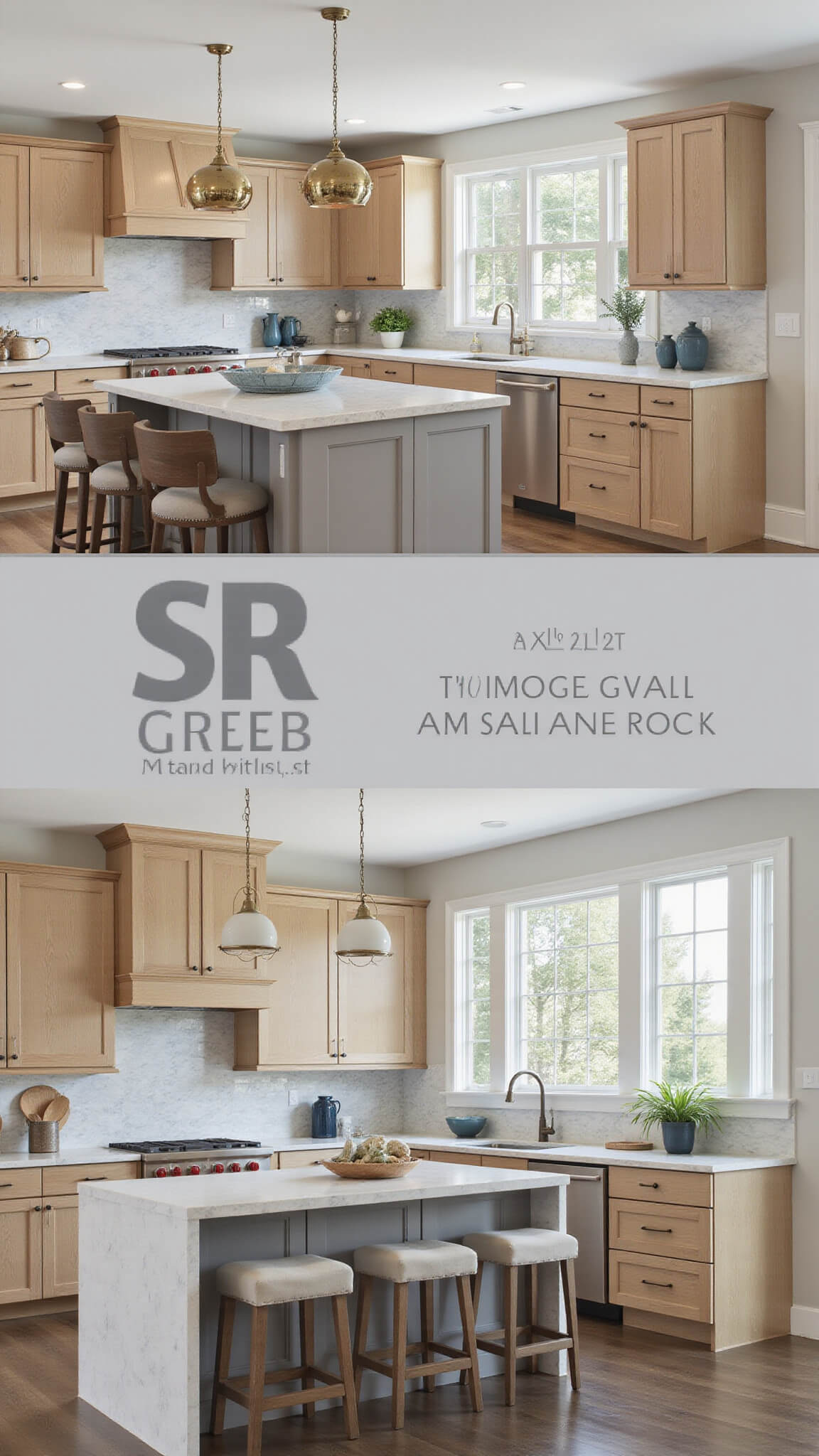 Wide view of transitional kitchen with greige walls, oak cabinets, marble-look countertops, brass globe pendants, and blue-grey ceramic accents.