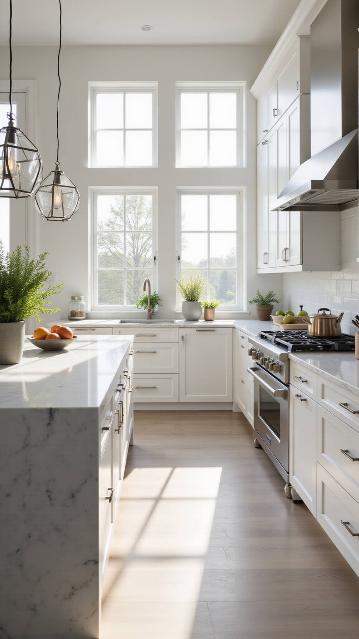 Modern high gloss kitchen with white marble waterfall island, stainless steel appliances, and floor-to-ceiling windows streaming morning light.