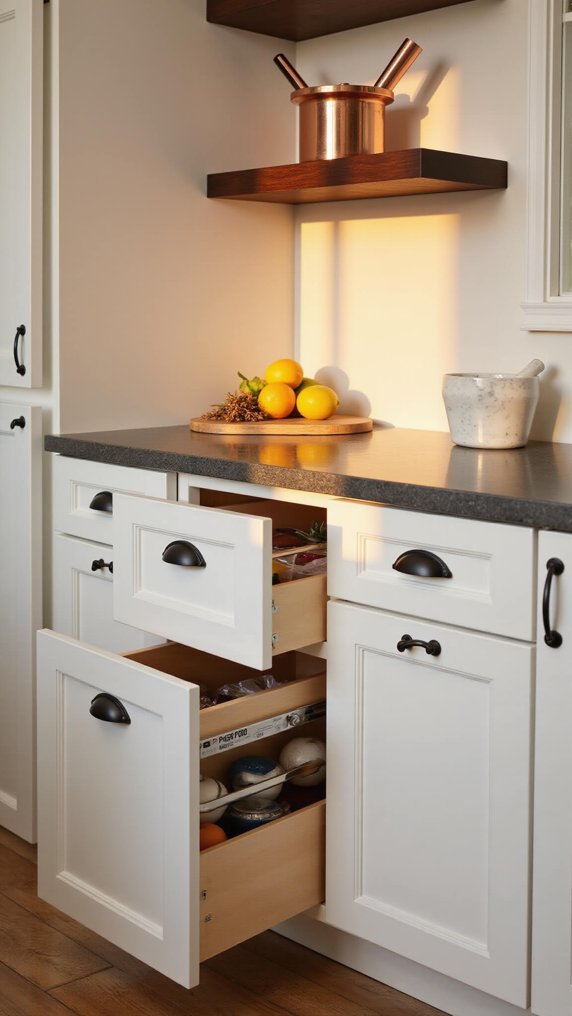 Golden hour light reflects off glossy white Midtown Collection cabinets in a cozy kitchen corner with copper cookware, citrus, and herbs.