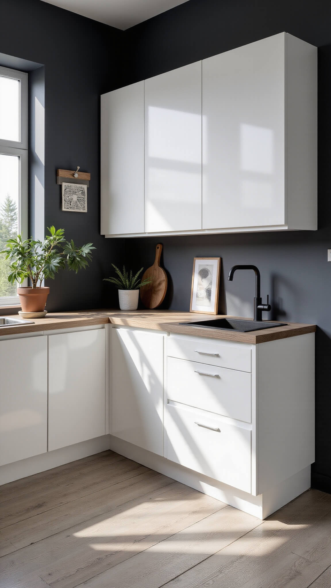 Contemporary L-shaped kitchen with IKEA RINGHULT cabinets, arctic white high gloss finish, charcoal accent wall, matte black fixtures, and Scandinavian decor in late afternoon light.
