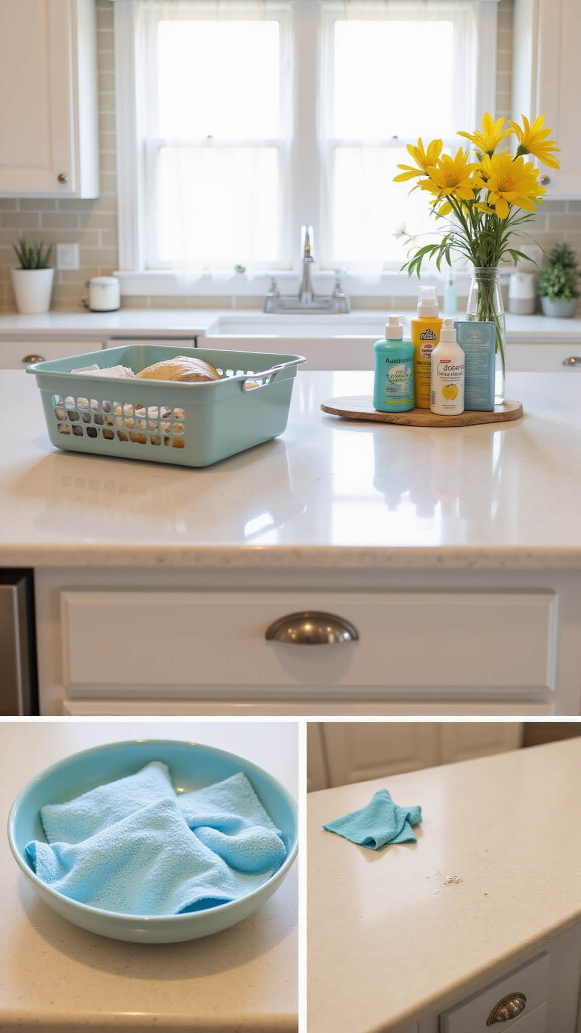 Close-up of a kitchen island cleaning demonstration with microfiber cloths and eco-friendly products, showing surface texture and reflections under diffused morning light.