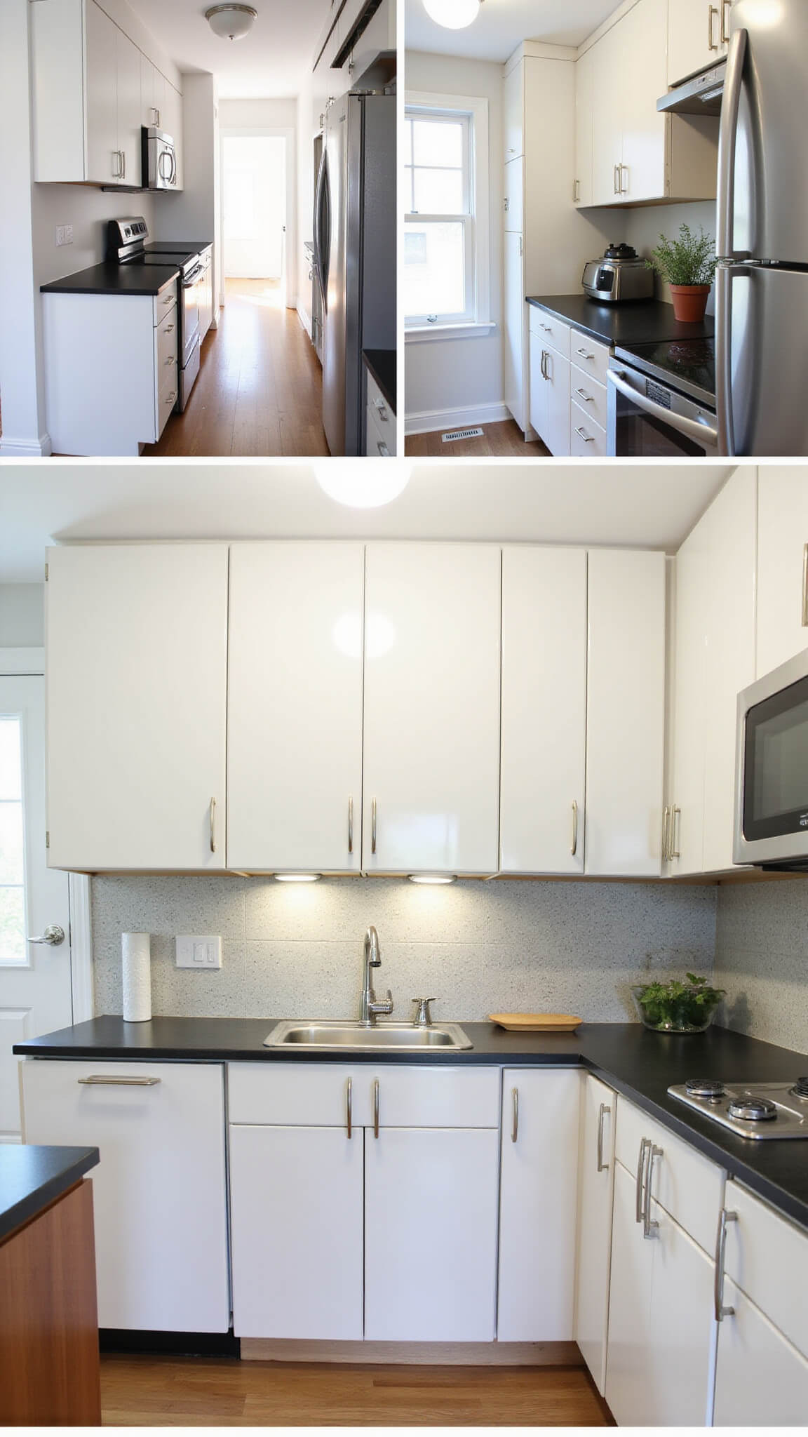 Transformed 7x9ft galley kitchen with high gloss cabinets, pull-out pantry, vertical storage, mirrored surfaces, and bright mid-morning light enhancing reflective finishes.