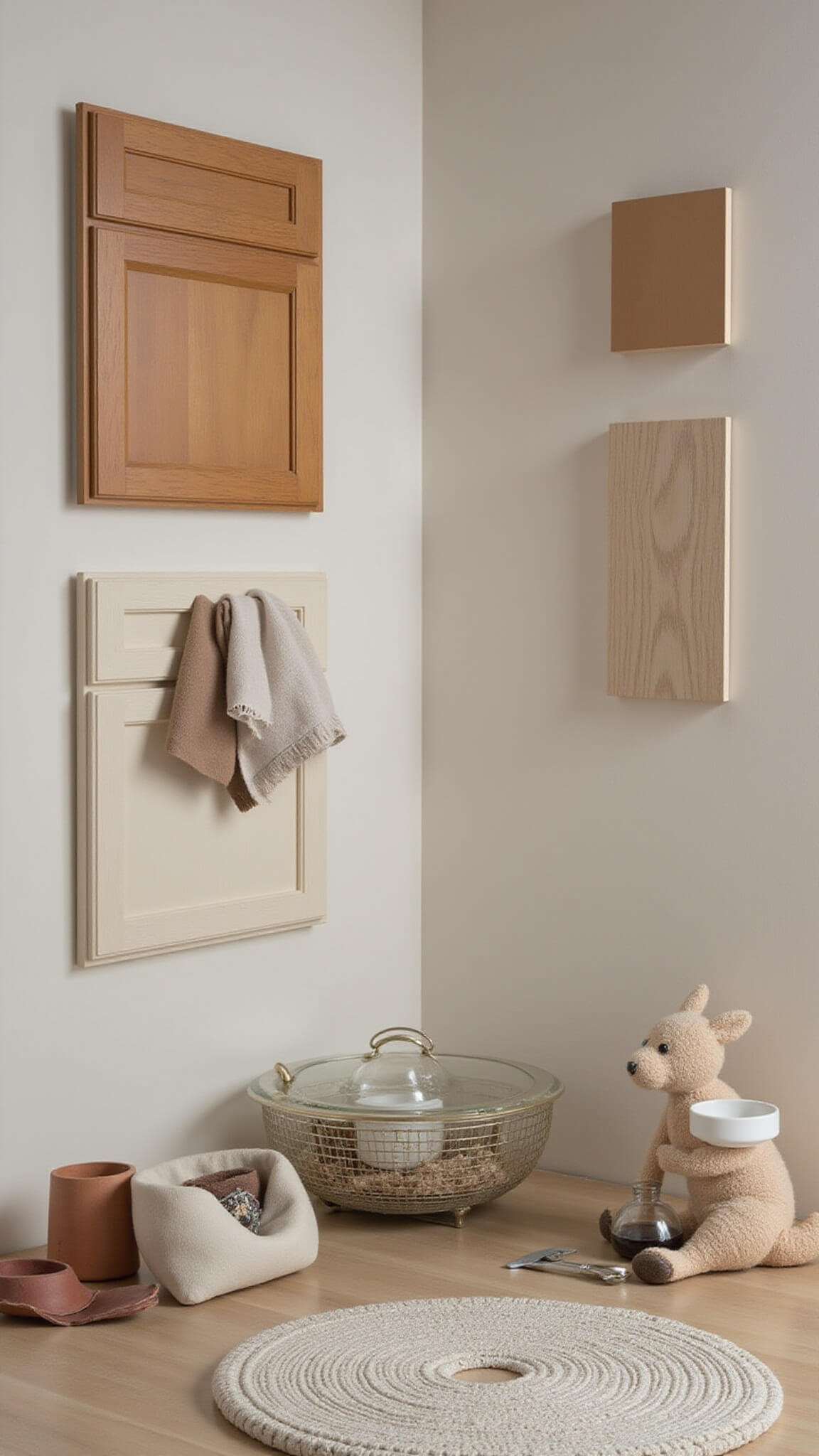 Material comparison of MDF lacquer finish versus laminate on cabinet doors, showing texture and edge details under studio lighting with material samples and tools.