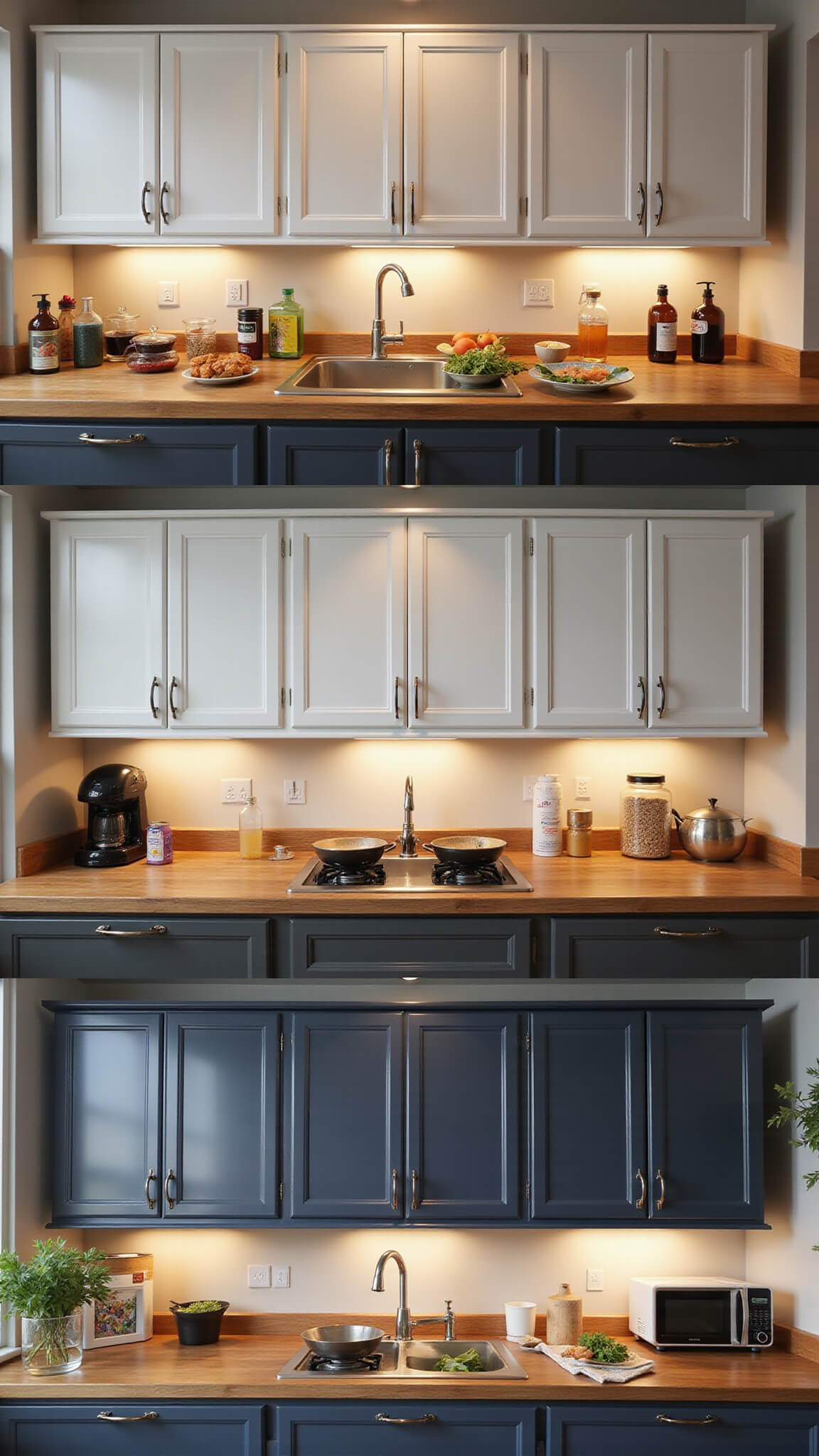 Evening kitchen scene with high gloss cabinet doors in varied colors under warm LED lighting, showing fingerprint resistance with visible smudges and clean areas; includes cooking items, used appliances, and cleaning products on a 5x7ft prep area.