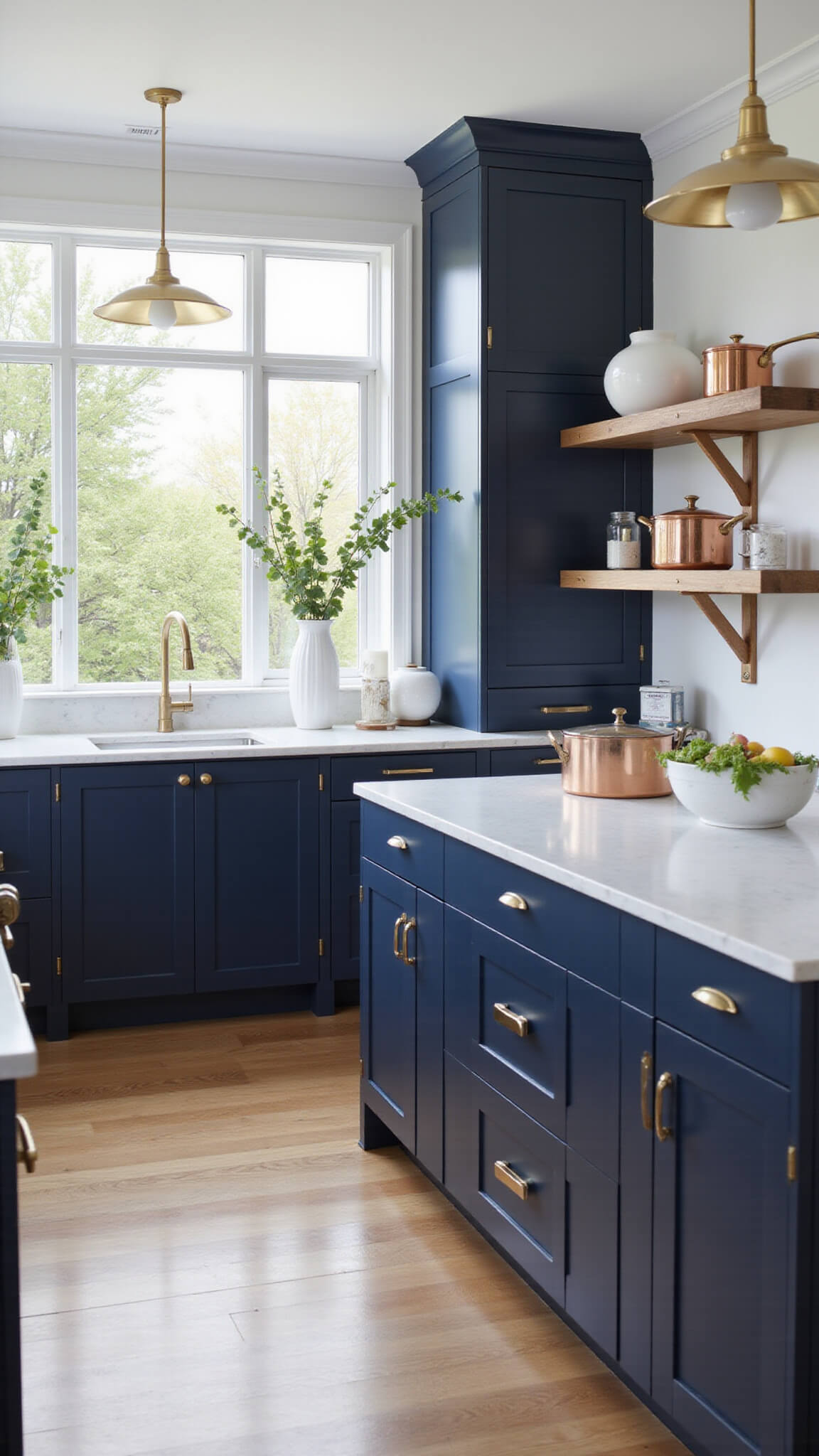 Contemporary navy blue Shaker-style kitchen with brass accents, white quartz countertops, large island seating, and open shelving, bathed in morning light through tall windows.