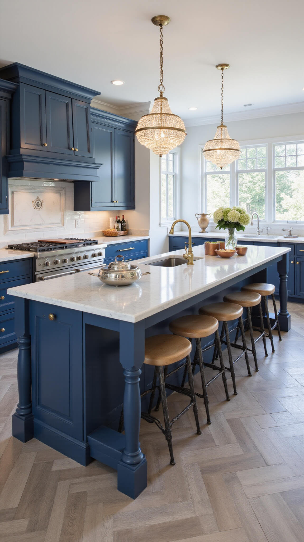 Elegant traditional kitchen with navy blue cabinets, Carrara marble surfaces, crystal chandelier, and weathered gray herringbone floors in soft afternoon light.